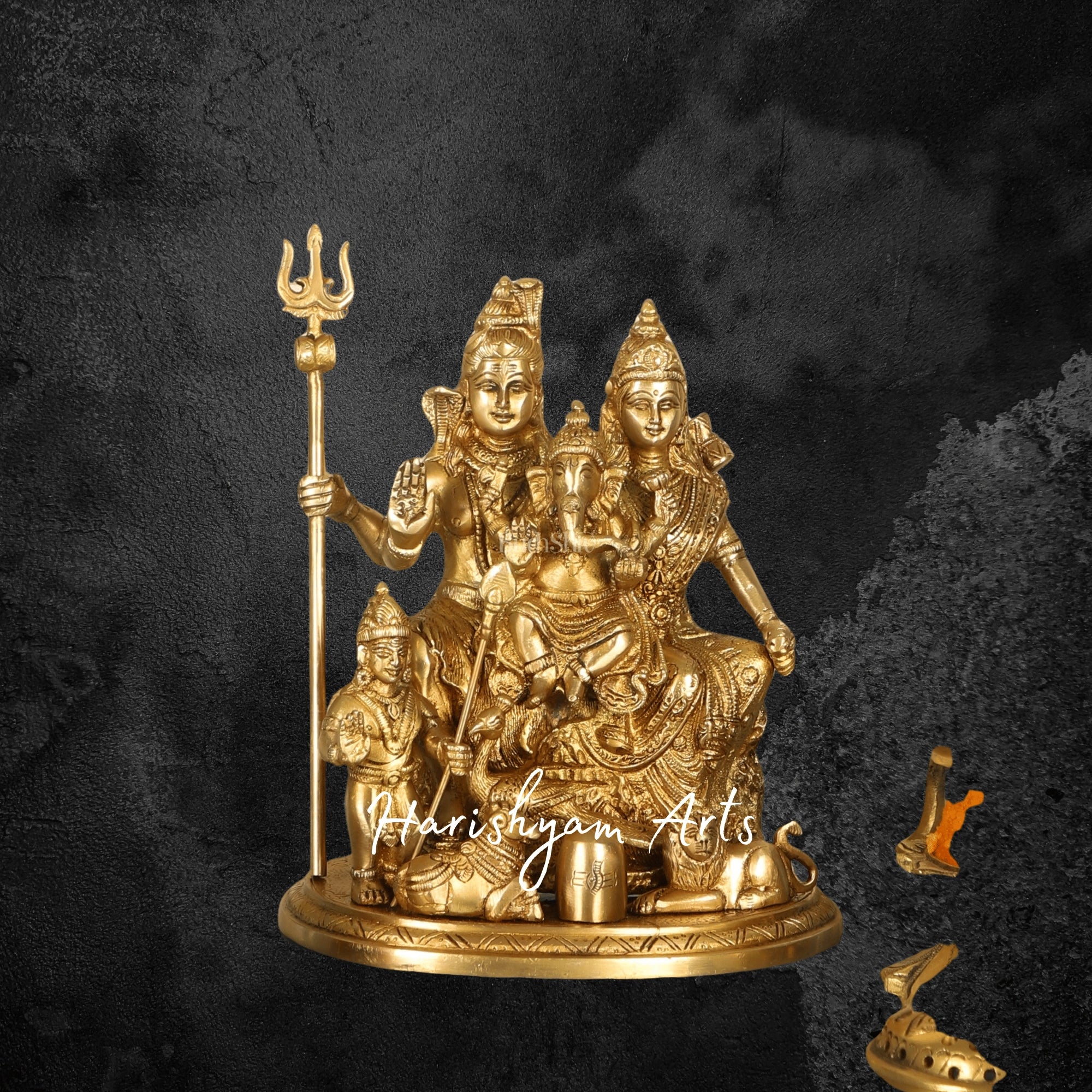 14" Brass Shiva Family Idol with Nandi in Handcrafted Superfine Finish