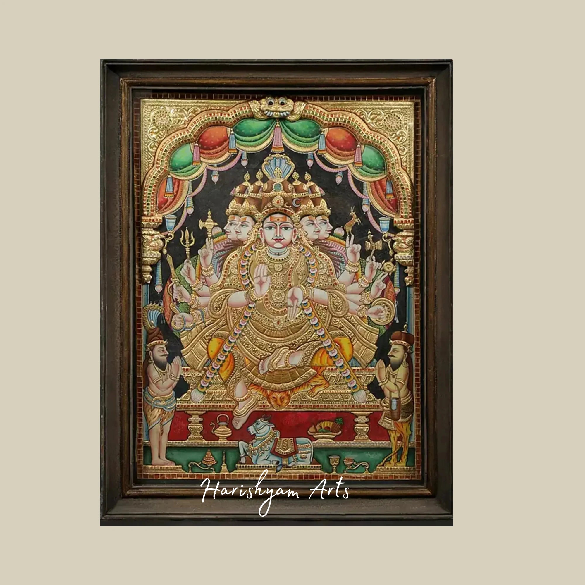 46" Sadashiva Tanjore Painting with Vintage Teakwood Frame and Traditional Finish