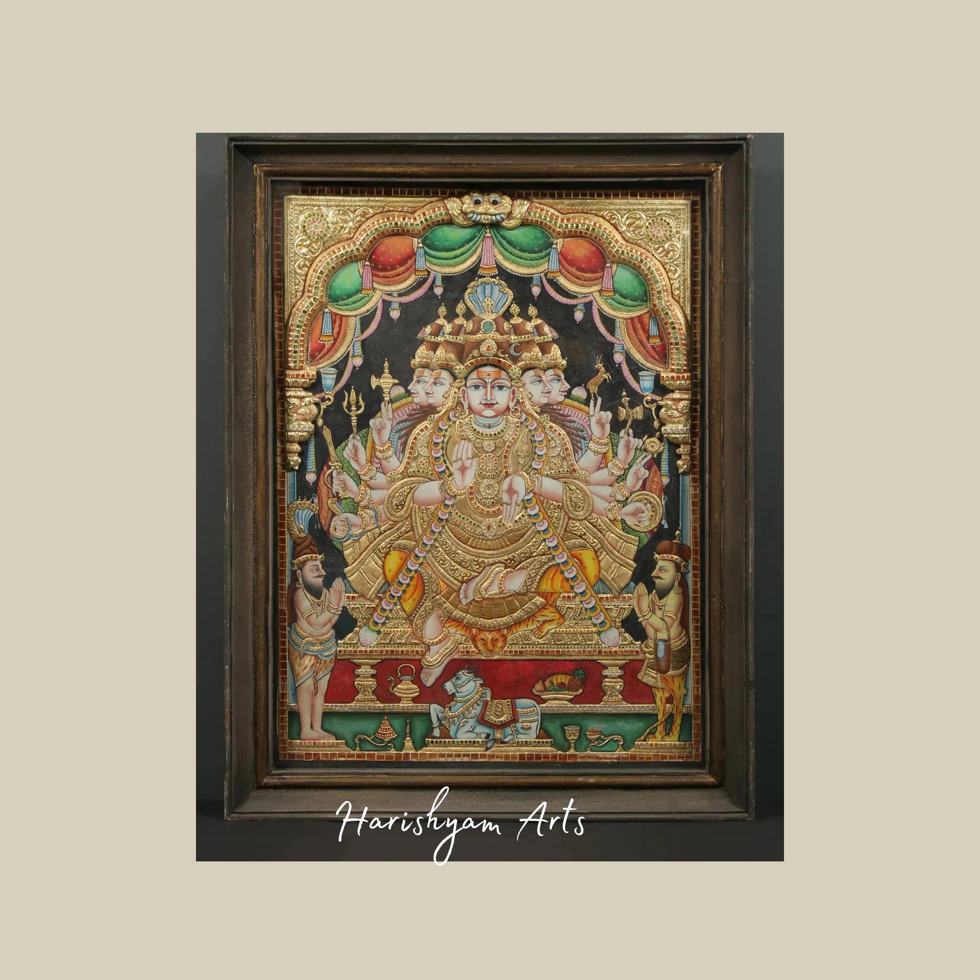 46" Sadashiva Tanjore Painting with Vintage Teakwood Frame and Traditional Finish