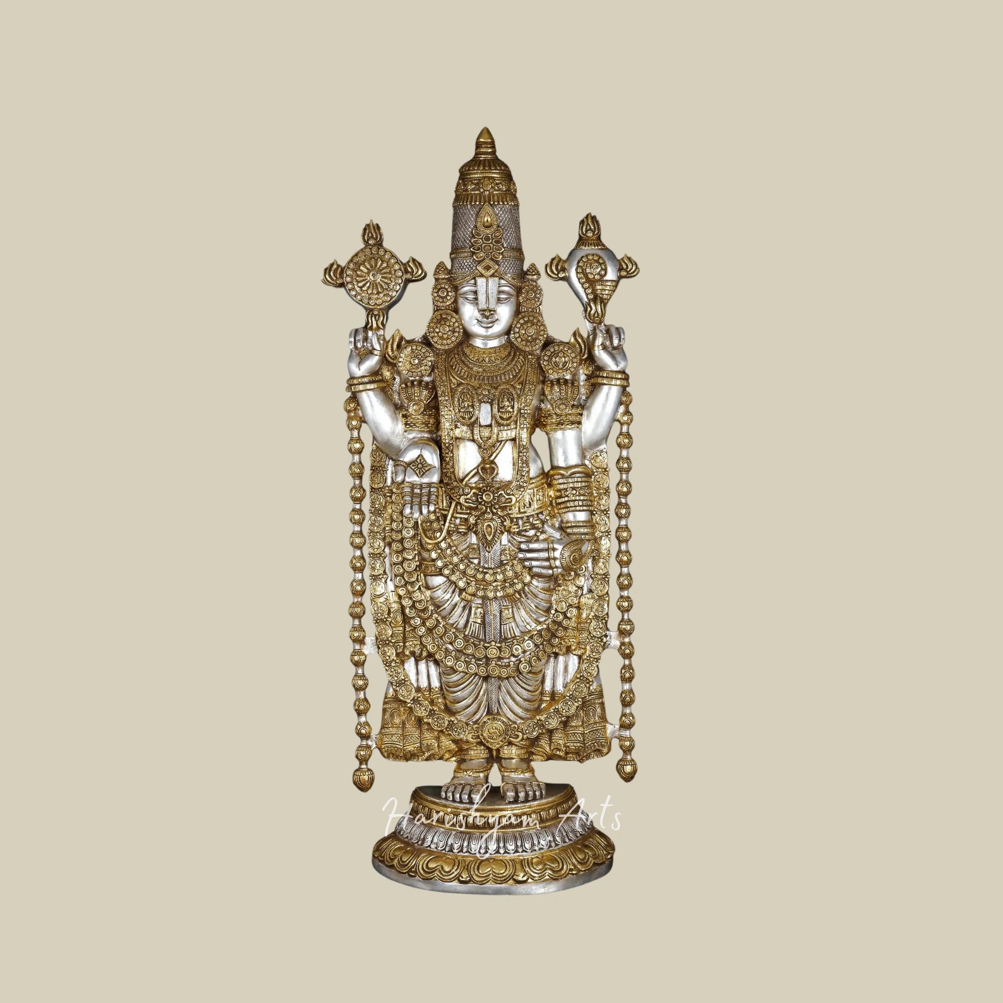 47" Large Brass Tirupati Balaji Idol with Gold and Silver Finish for Temple Décor