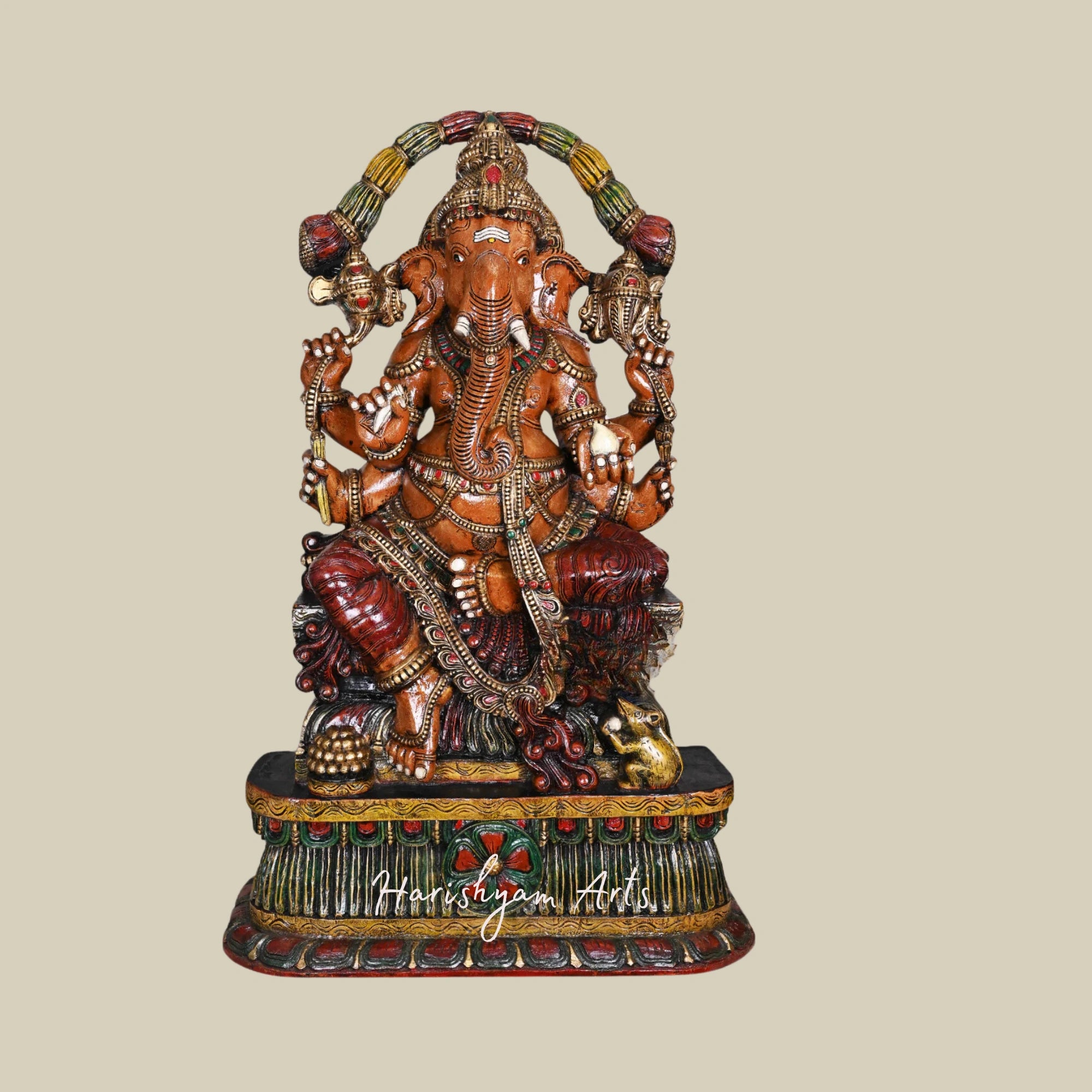 47" Six-Armed Wooden Ganesha Statue with Mooshak, Protector Form of Lord Ganesha