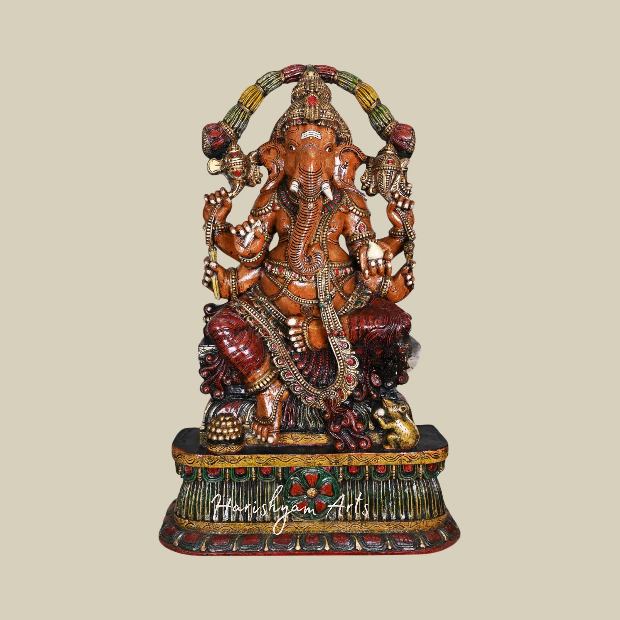 47" Six-Armed Wooden Ganesha Statue with Mooshak, Protector Form of Lord Ganesha1