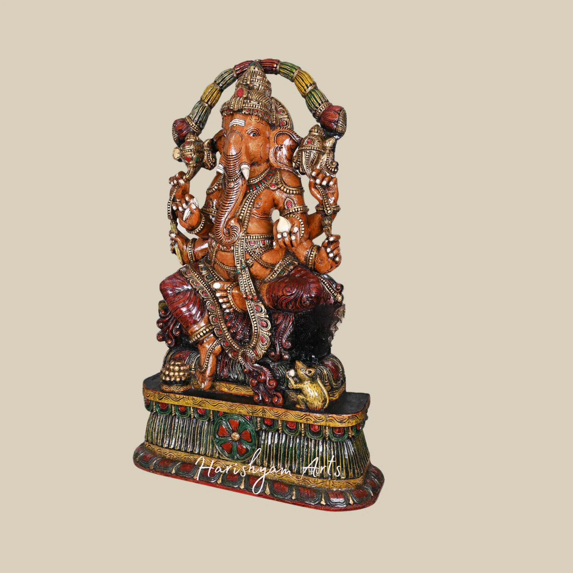 47" Six-Armed Wooden Ganesha Statue with Mooshak, Protector Form of Lord Ganesha2