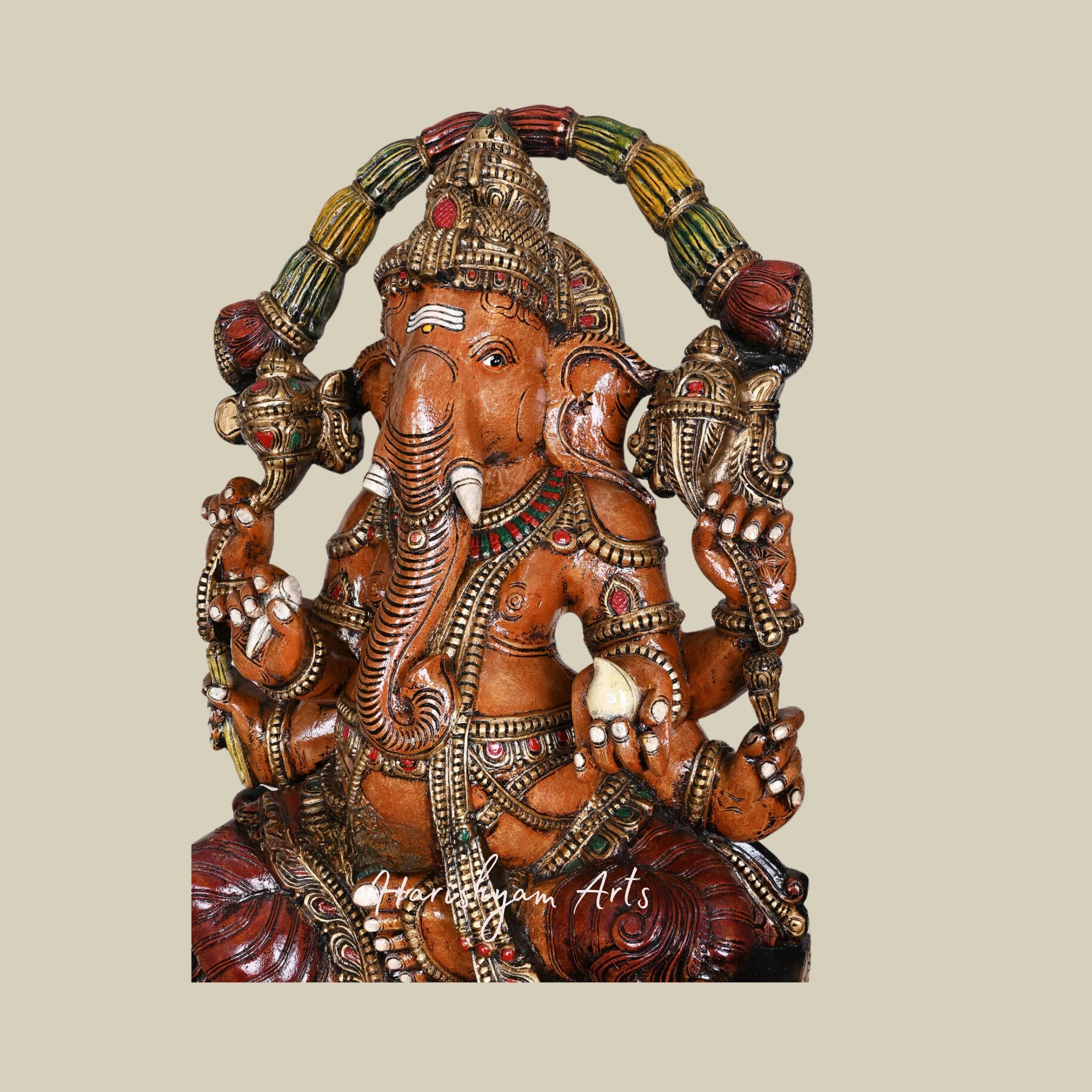 47" Six-Armed Wooden Ganesha Statue with Mooshak, Protector Form of Lord Ganesha3