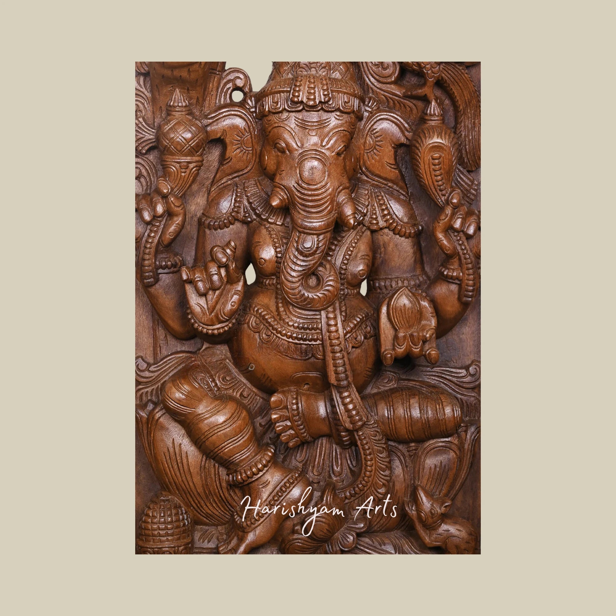 47" Wooden Jali Work Ganesha Murti on Lotus with Standing Sevagars Decorative Wall Mount2