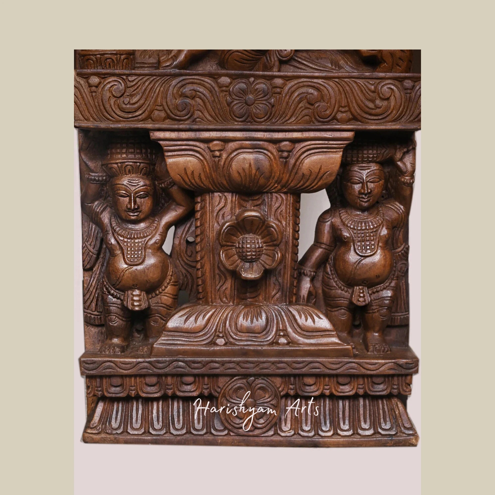 47" Wooden Jali Work Ganesha Murti on Lotus with Standing Sevagars Decorative Wall Mount2