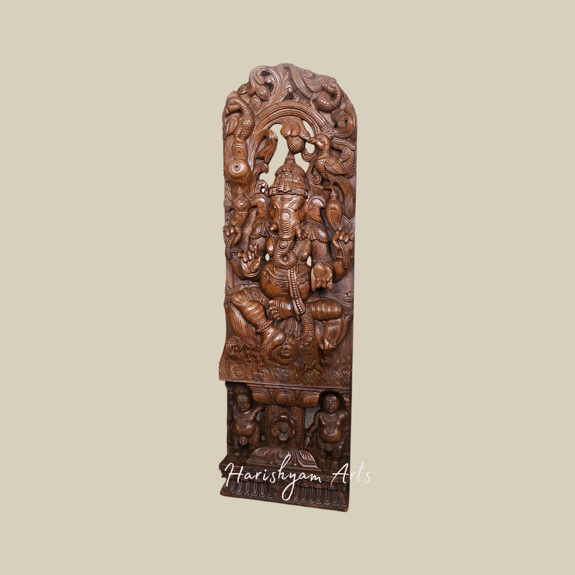 47" Wooden Jali Work Ganesha Murti on Lotus with Standing Sevagars Decorative Wall Mount3