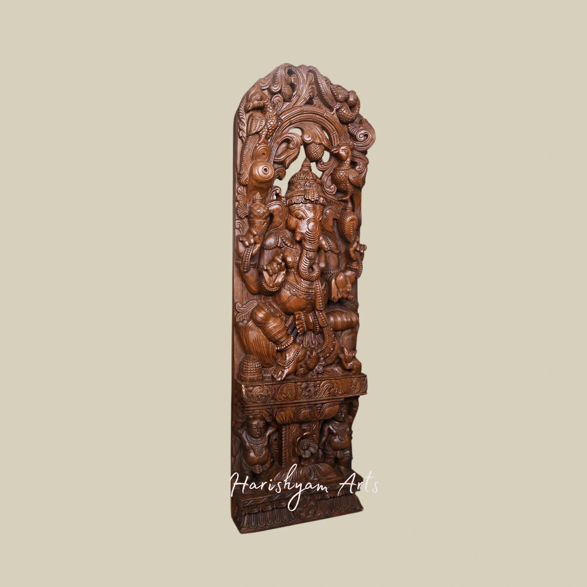 47" Wooden Jali Work Ganesha Murti on Lotus with Standing Sevagars Decorative Wall Mount4