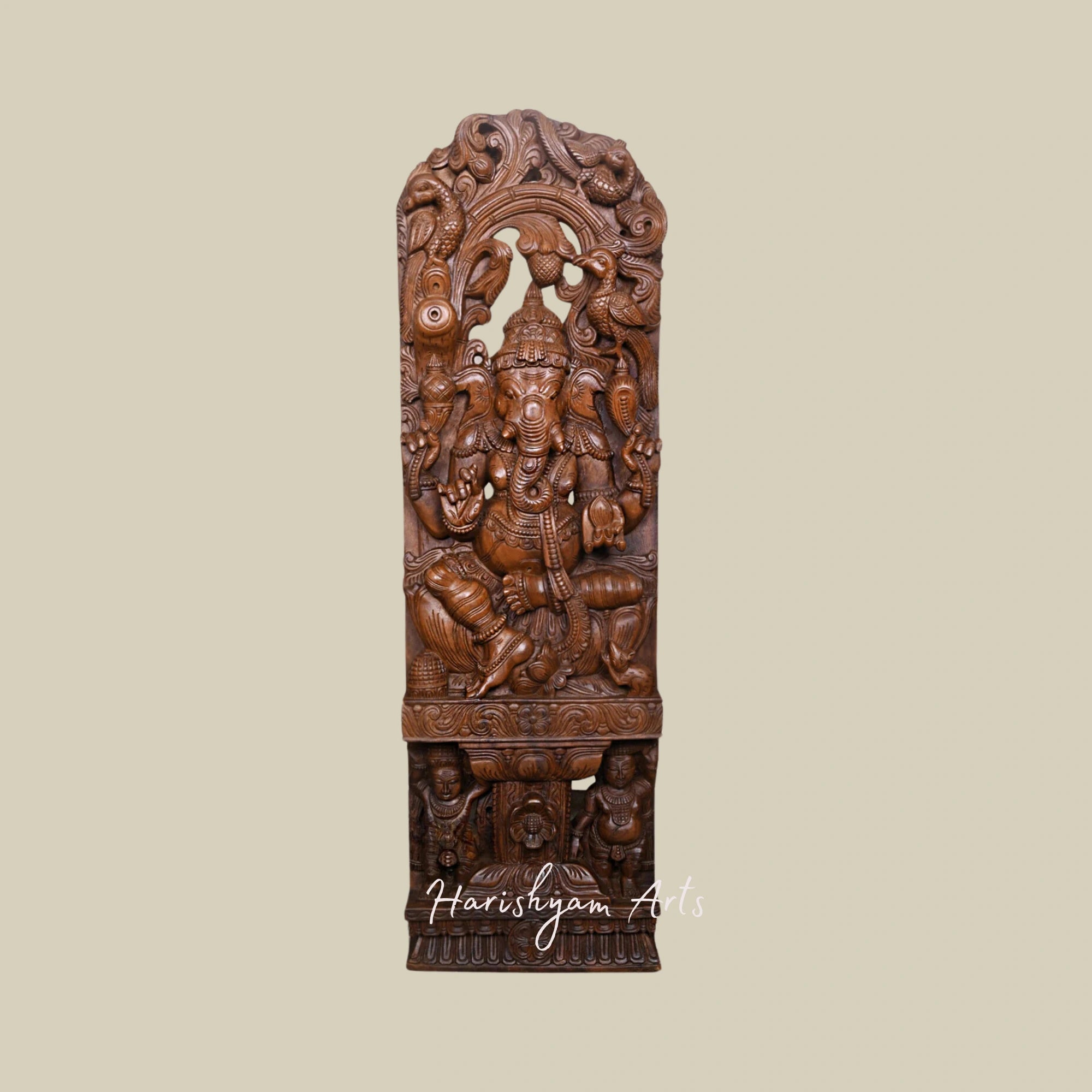 47" Wooden Jali Work Ganesha Murti on Lotus with Standing Sevagars Decorative Wall Mount
