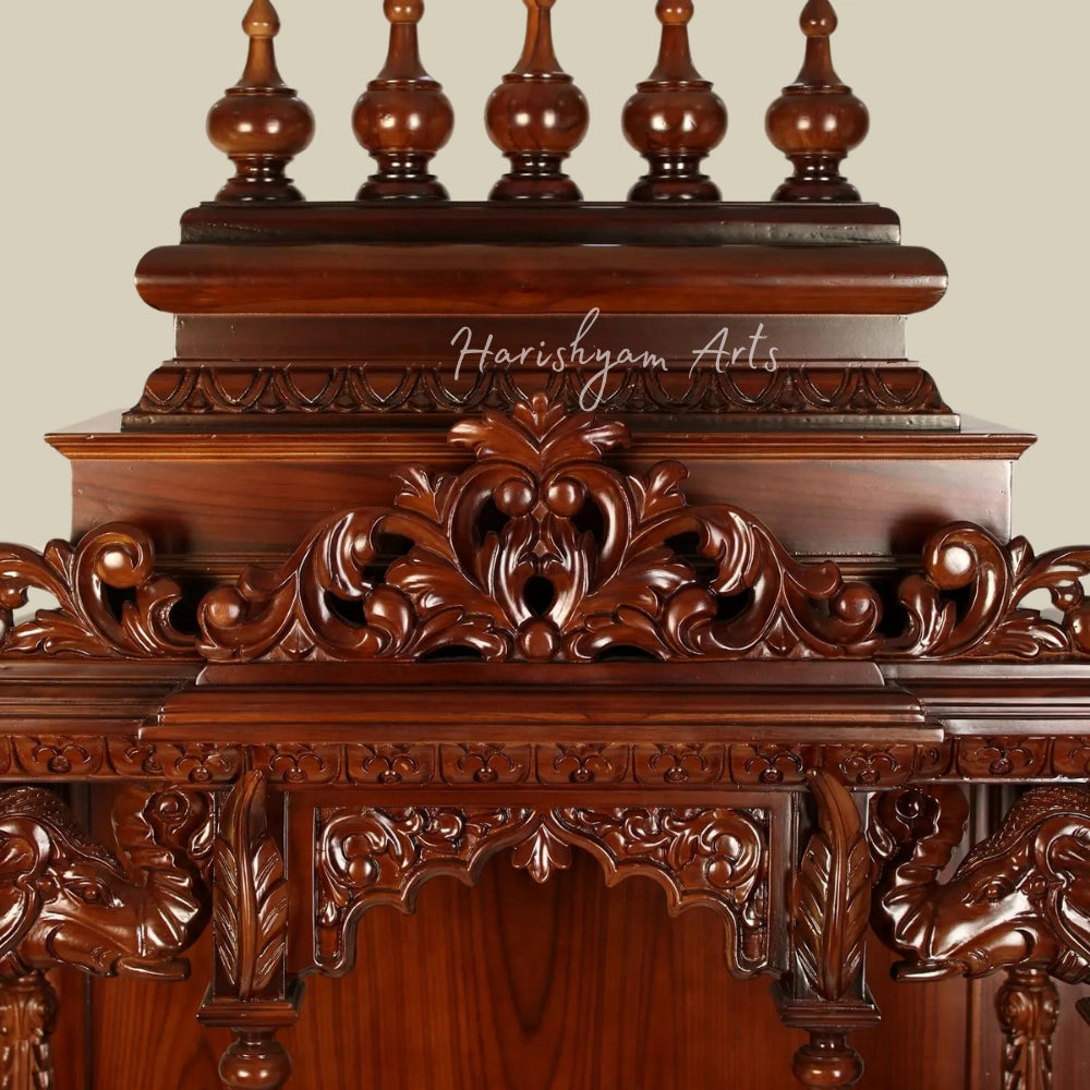 48" Teak Wood Carved Designer Puja Temple with Swans & Double Drawers