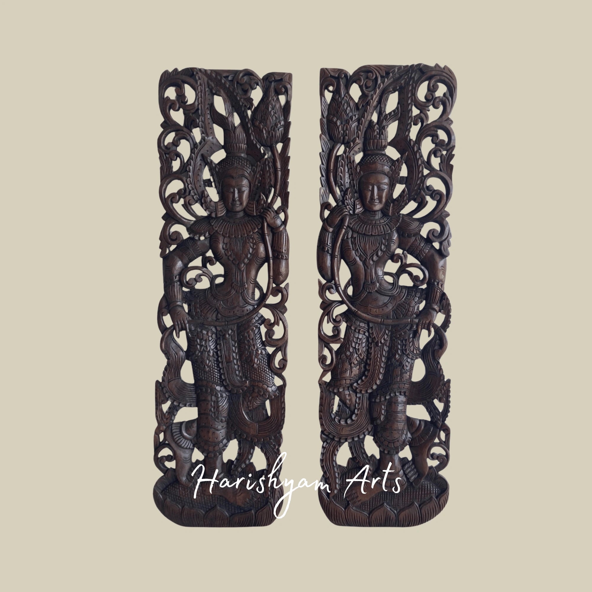 48" Buddhist Figurines Handcrafted Wooden Art Pair