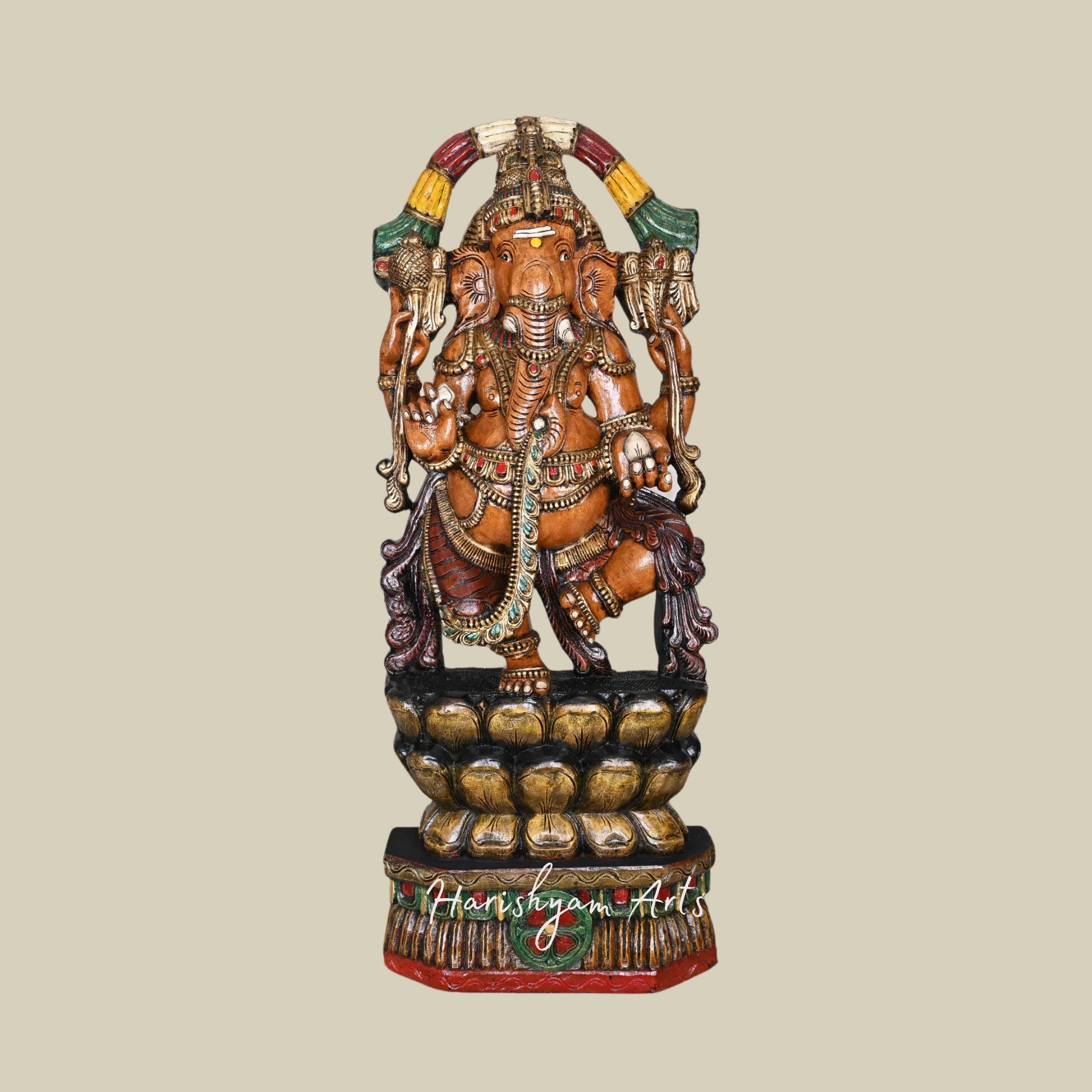 48" Dancing Chaturbhuja Ganapati on Double Petal Grey Lotus Wooden Sculpture with Flower Garland Design1