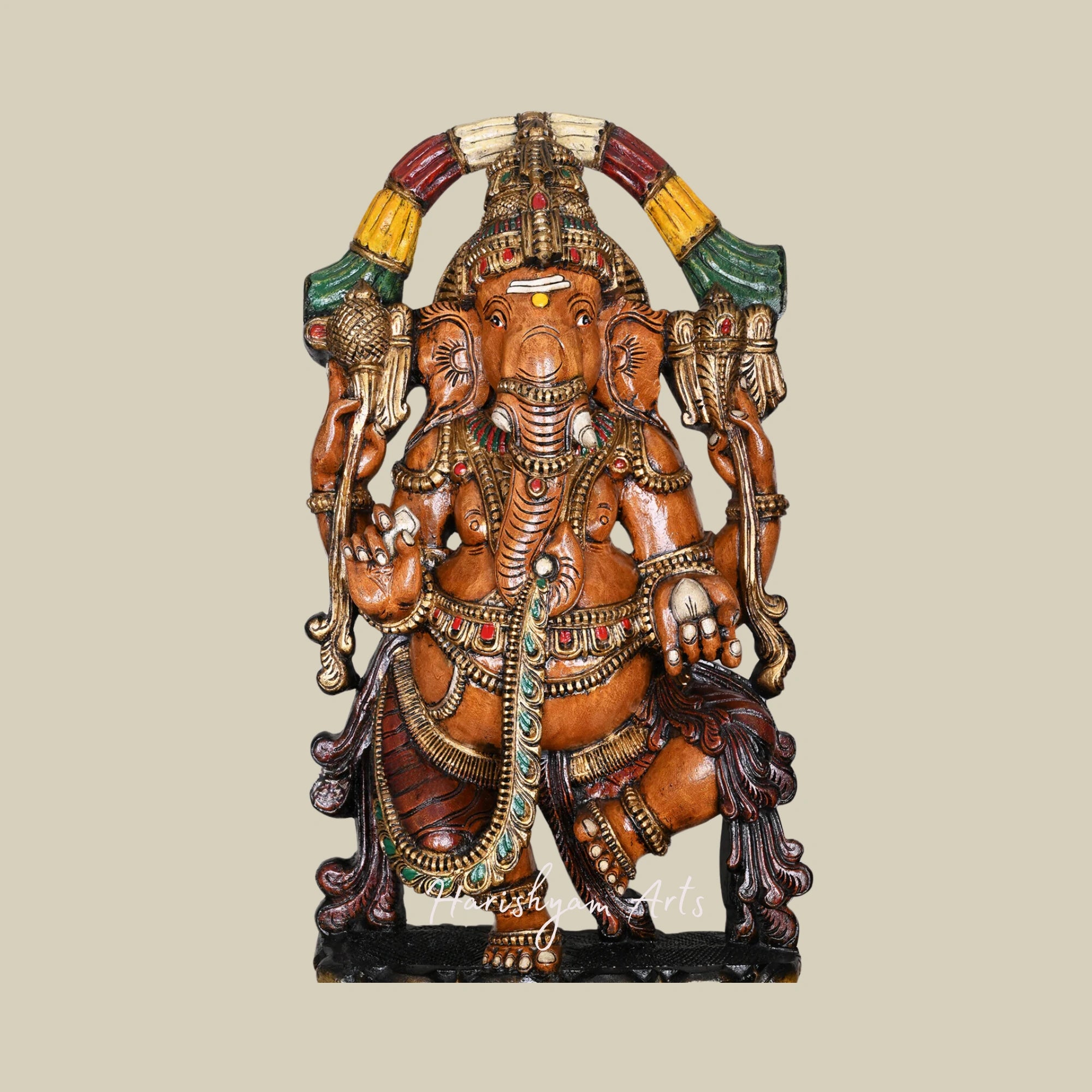 48" Dancing Chaturbhuja Ganapati on Double Petal Grey Lotus Wooden Sculpture with Flower Garland Design