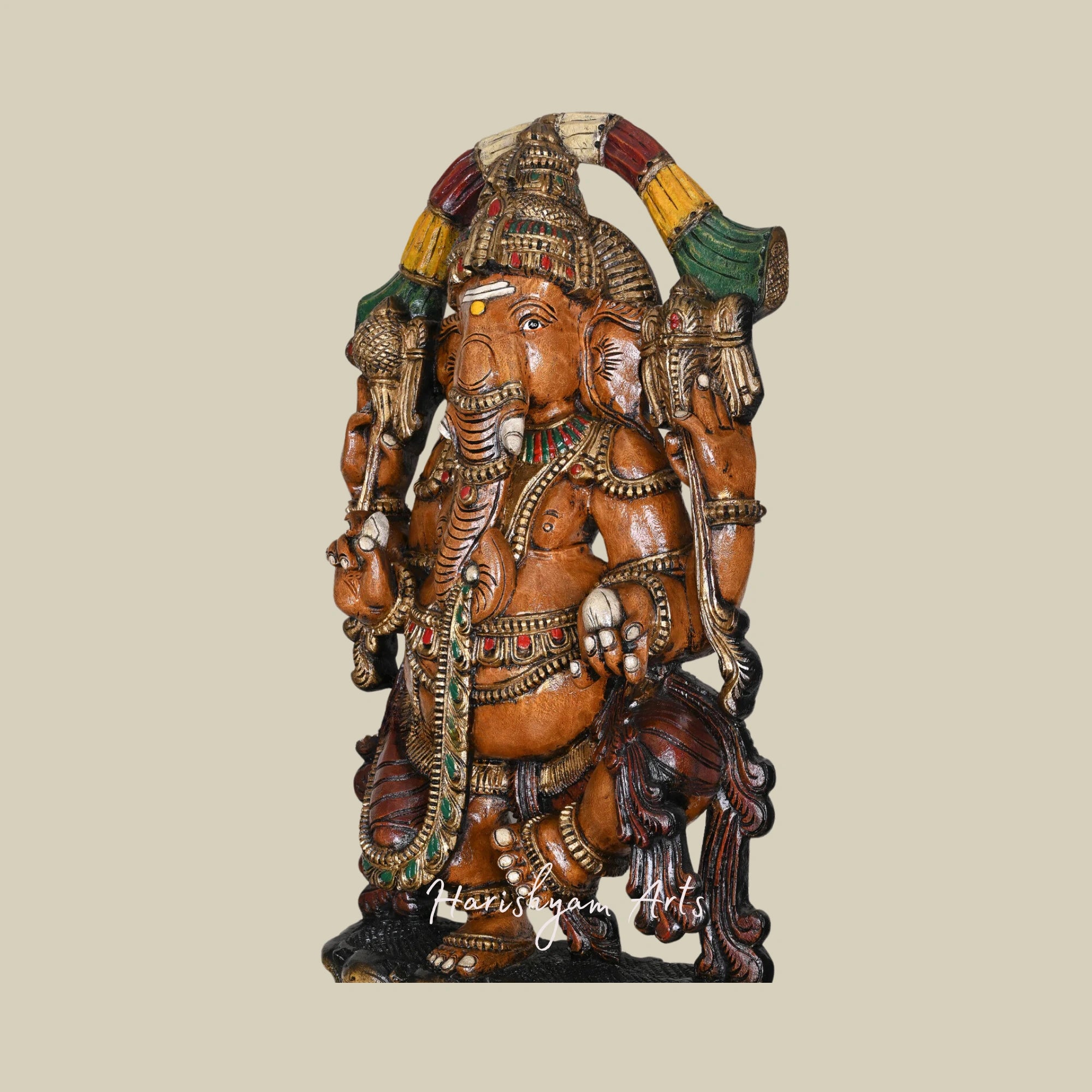 48" Dancing Chaturbhuja Ganapati on Double Petal Grey Lotus Wooden Sculpture with Flower Garland Design5