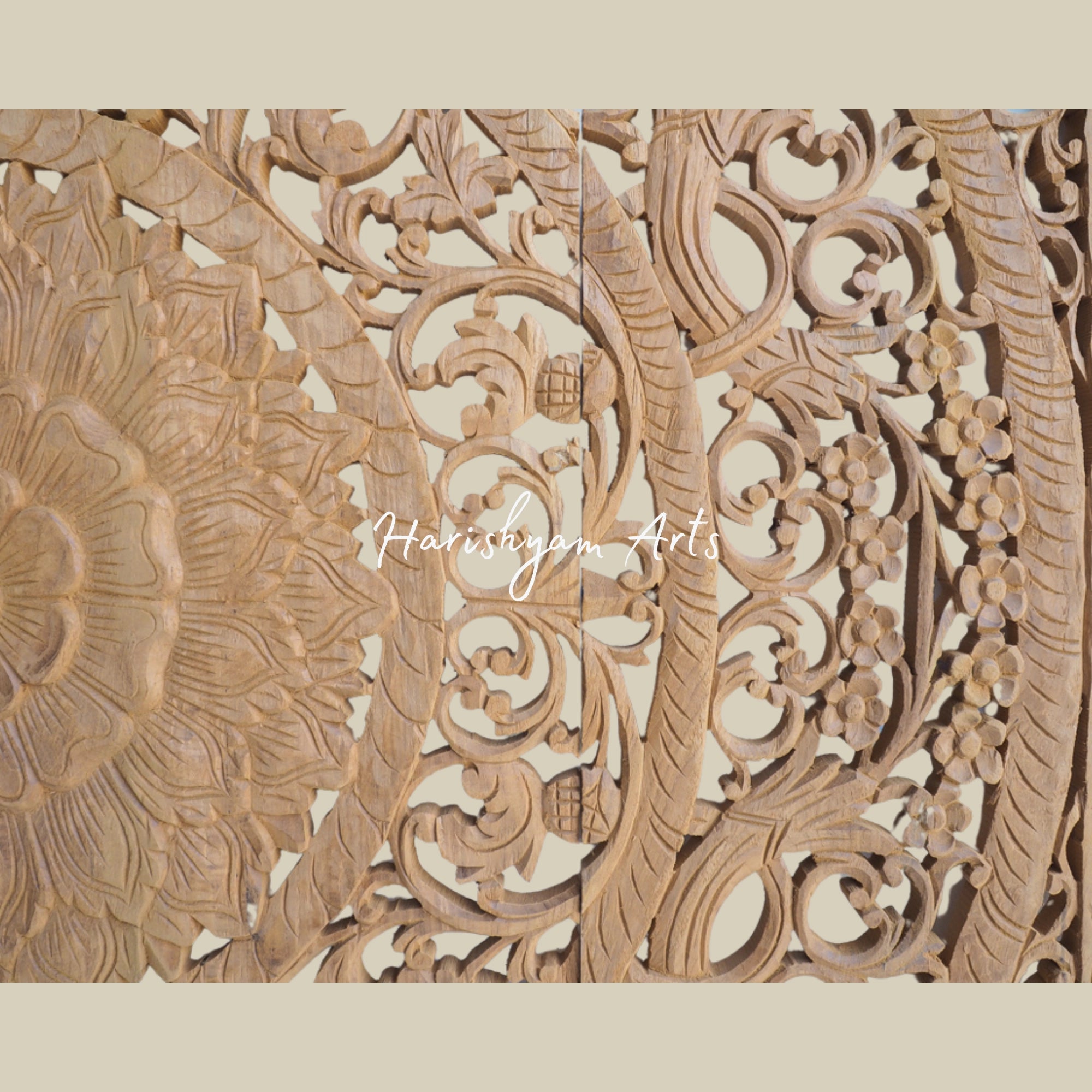 48" Twin Bed Headboard with Natural Wood Carved Wall Art