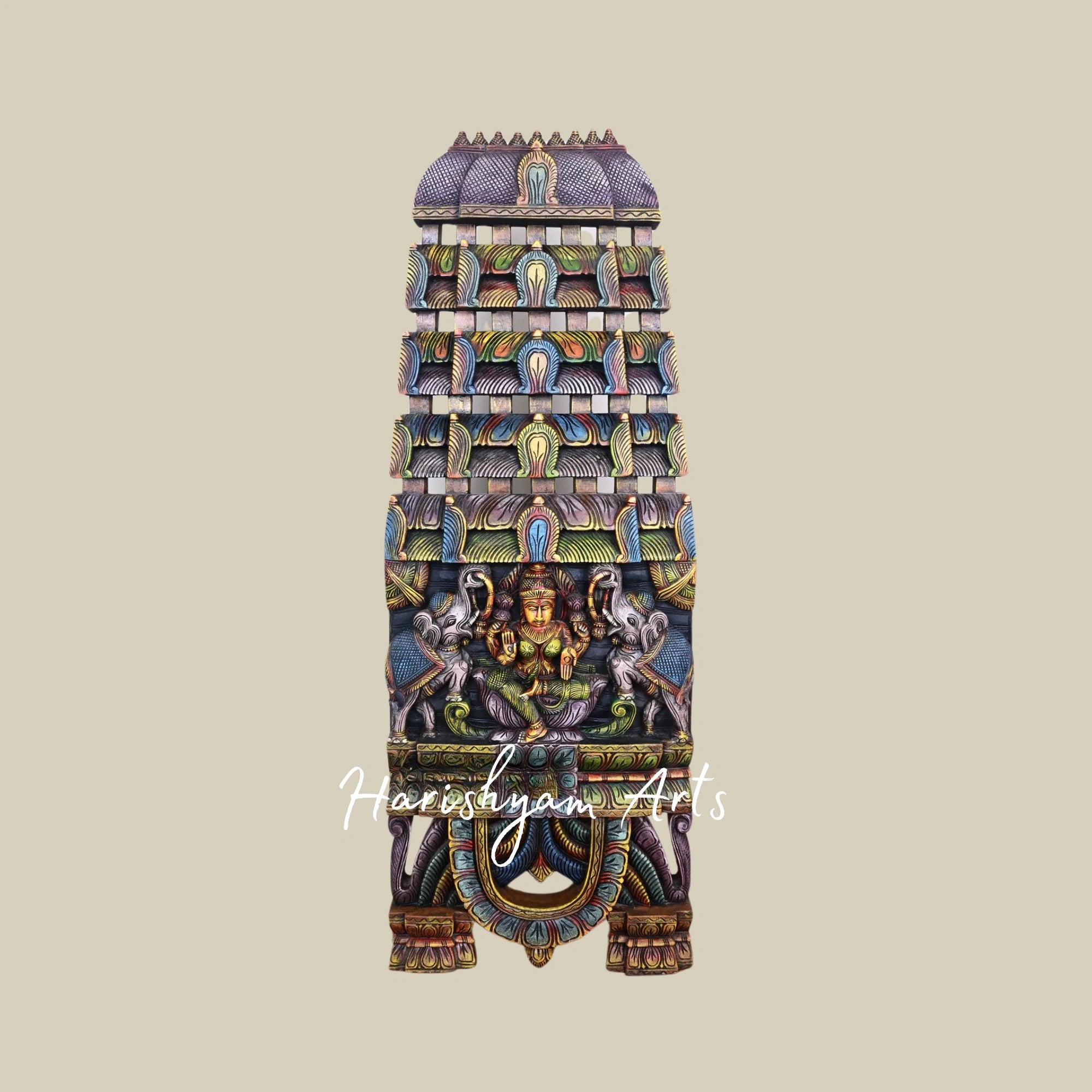 49" Stunning Wooden Gaja Lakshmi Kavadi Seated on Lotus for Wall Mount Décor