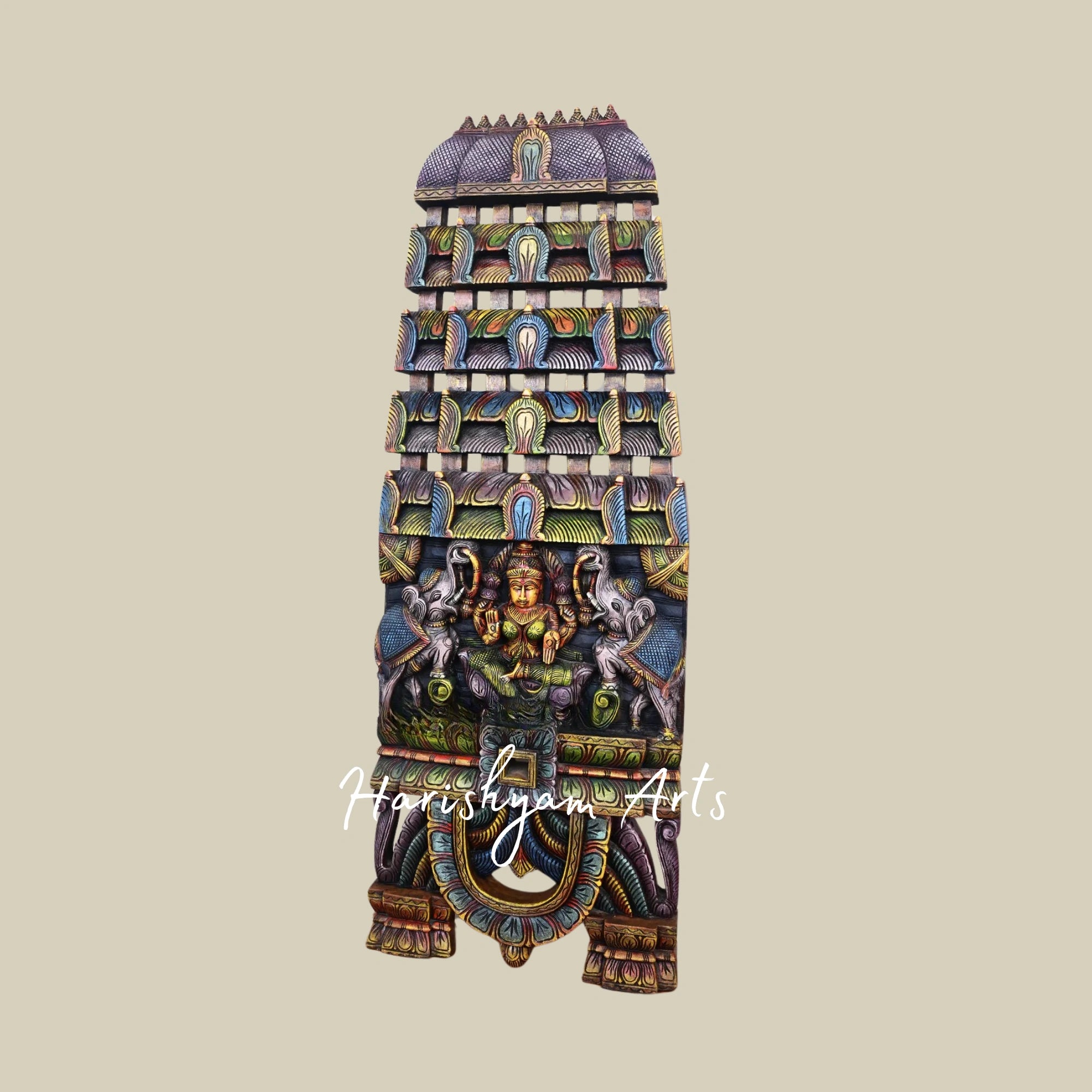 49" Stunning Wooden Gaja Lakshmi Kavadi Seated on Lotus for Wall Mount Décor