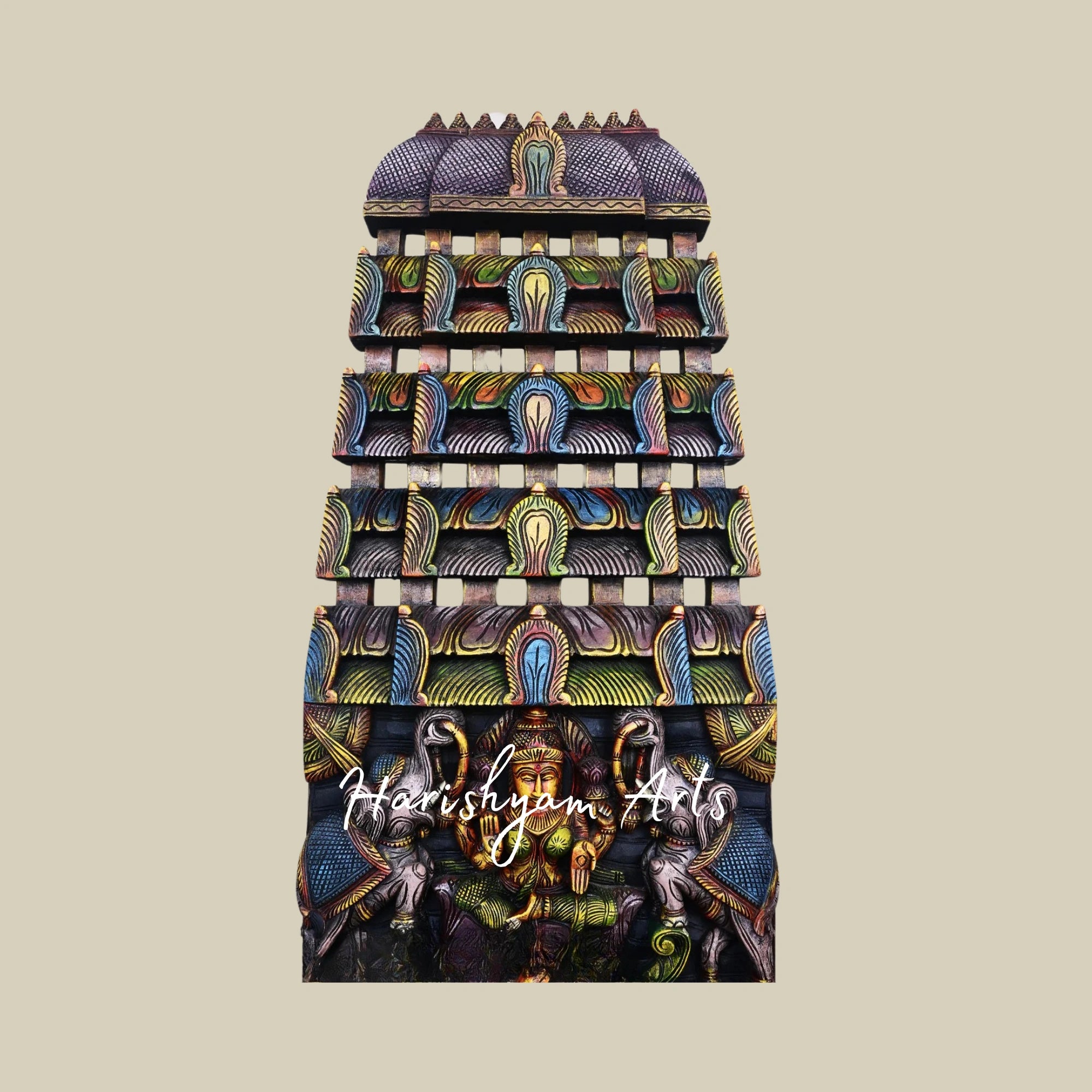49" Stunning Wooden Gaja Lakshmi Kavadi Seated on Lotus for Wall Mount Décor