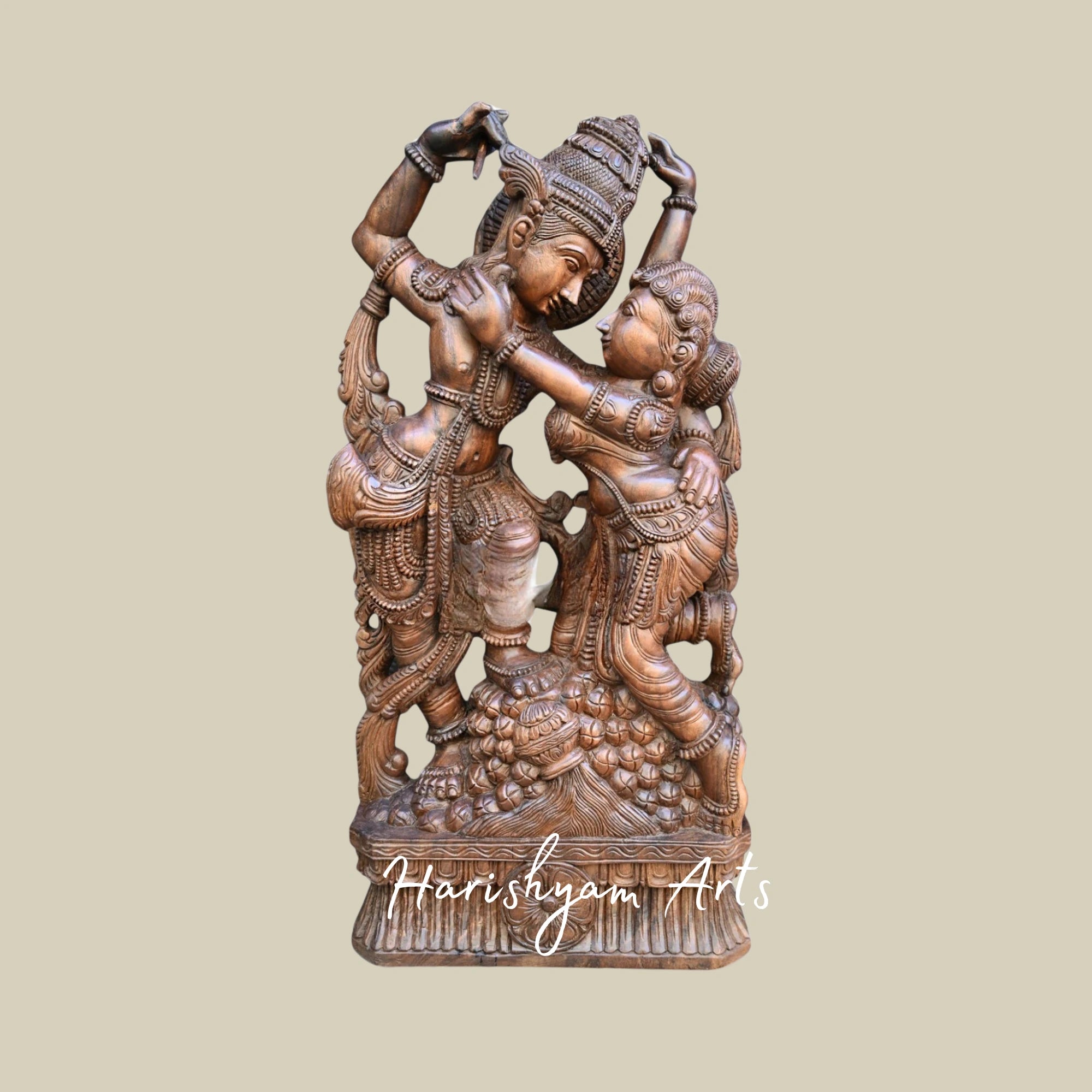 49" Stunning Wooden Radha Krishna Statue Standing on Decorative Stone Base