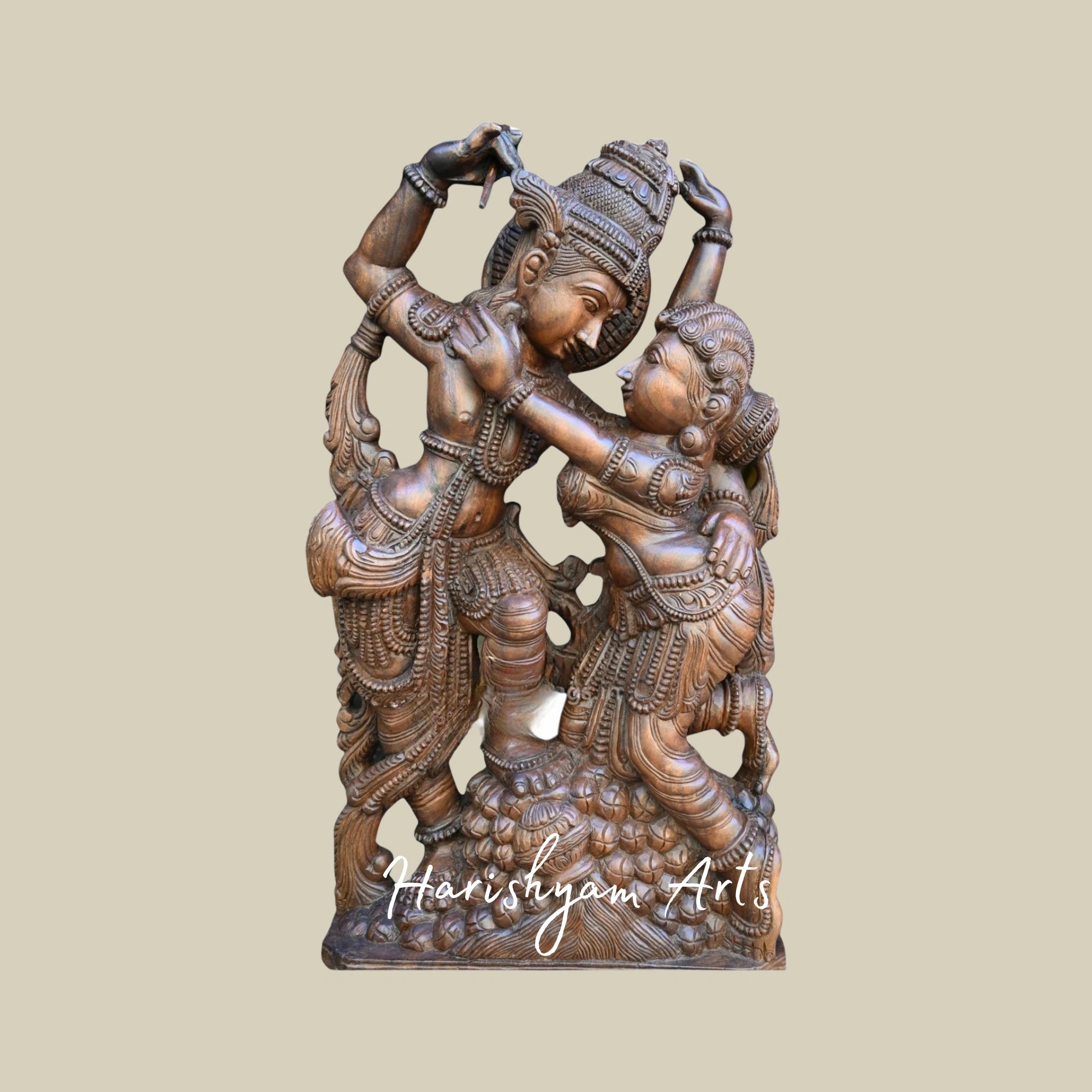 49" Stunning Wooden Radha Krishna Statue Standing on Decorative Stone Base