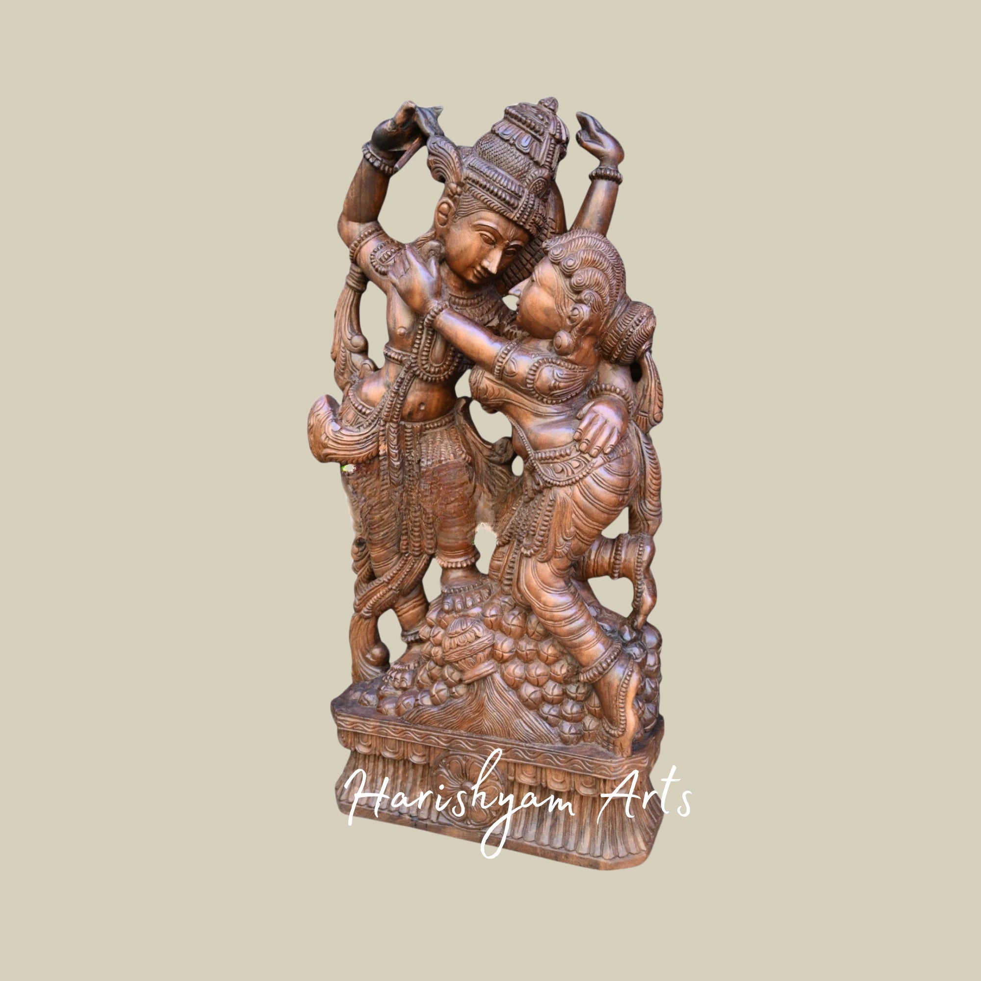 49" Stunning Wooden Radha Krishna Statue Standing on Decorative Stone Base