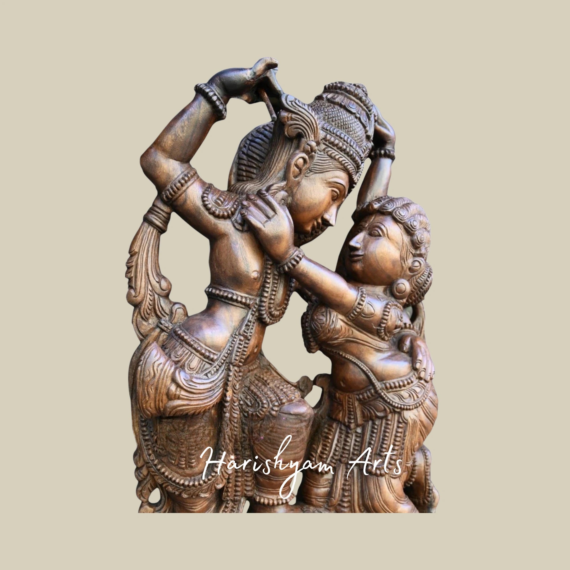 49" Stunning Wooden Radha Krishna Statue Standing on Decorative Stone Base