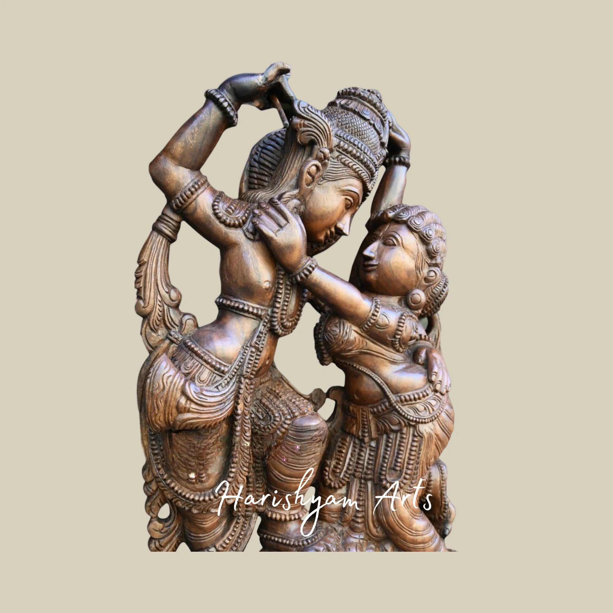 49" Stunning Wooden Radha Krishna Statue Standing on Decorative Stone Base