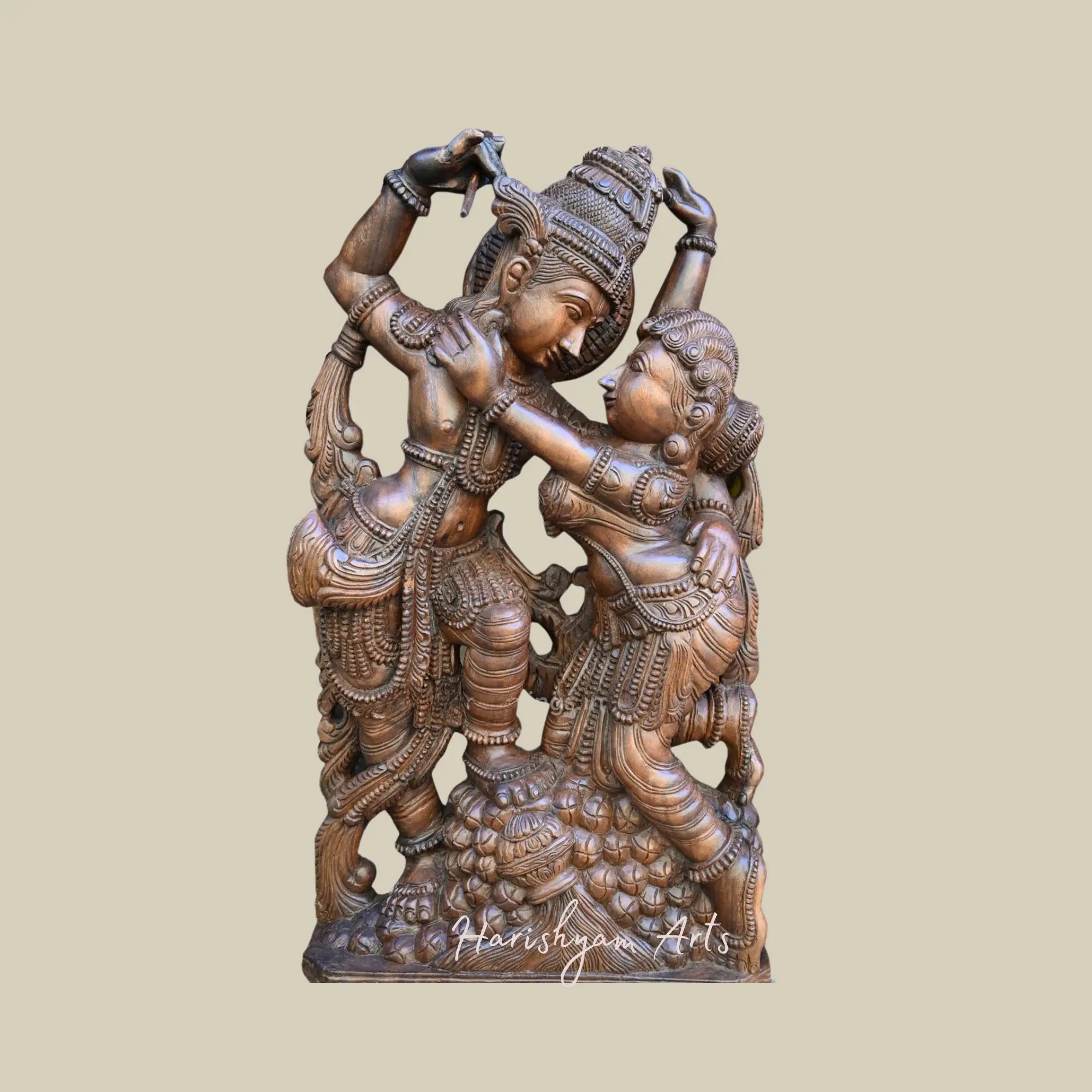 49" Wooden Krishna Statue for Living Room, Stunning Lord Krishna with Goddess Radha1