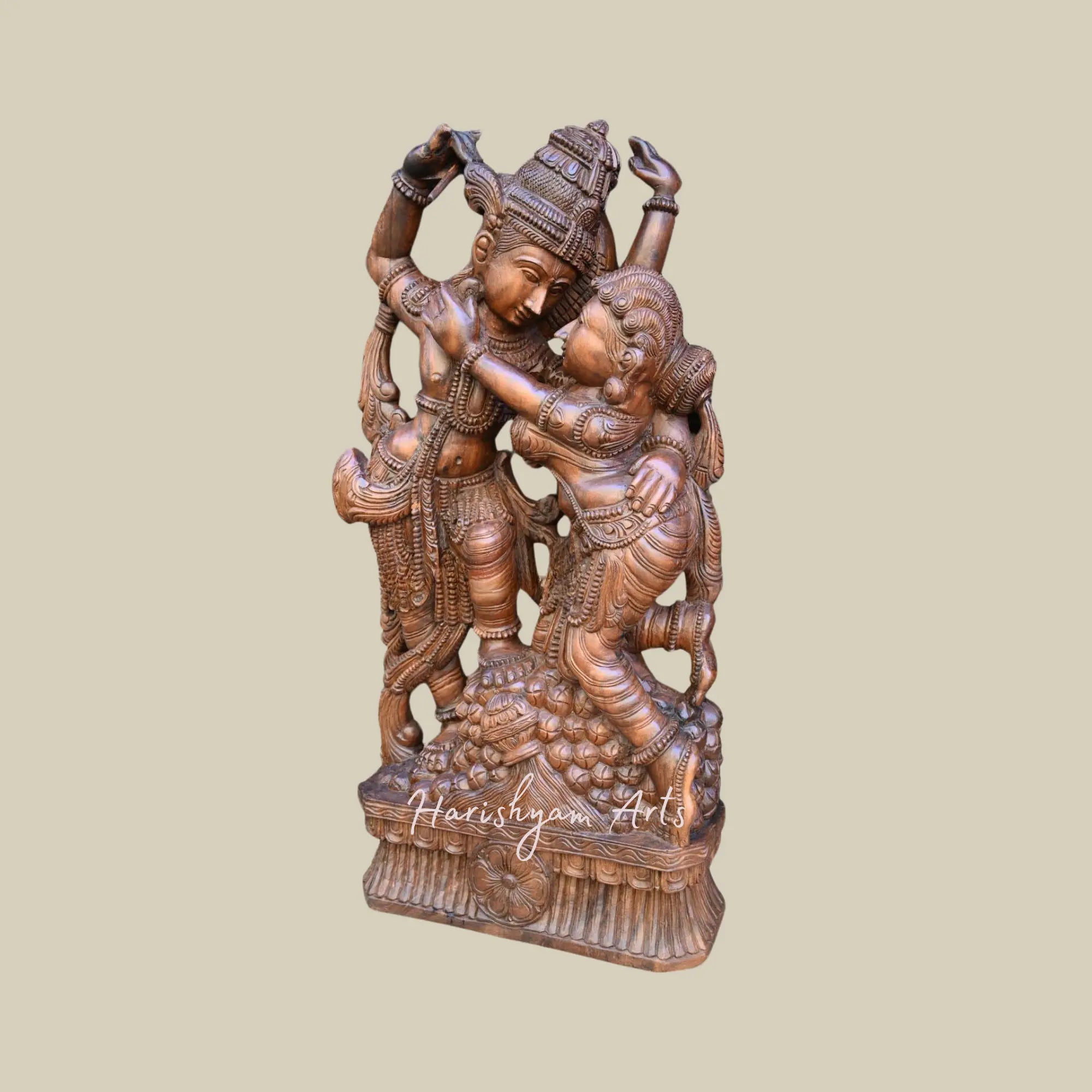 49" Wooden Krishna Statue for Living Room, Stunning Lord Krishna with Goddess Radha2
