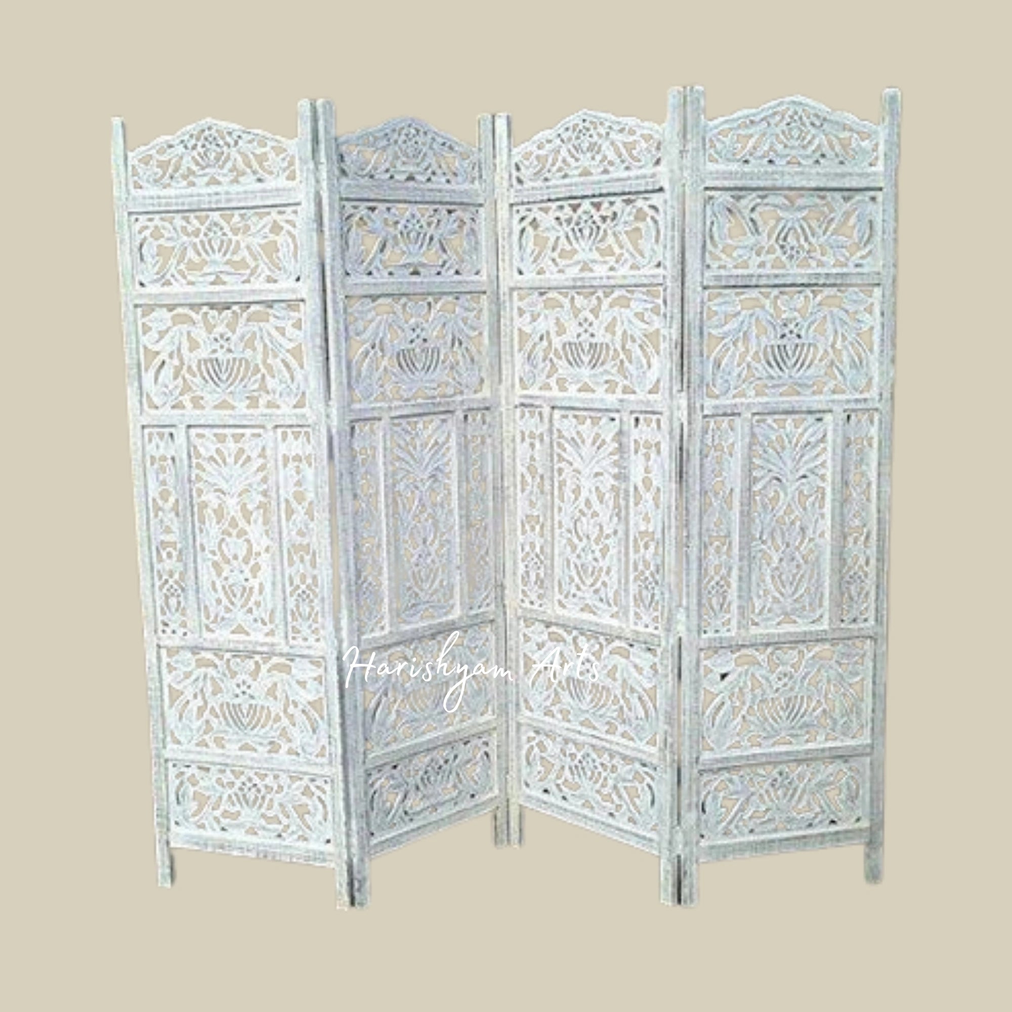 4 Panel Handcrafted Wooden Room Divider in Elegant White Finish