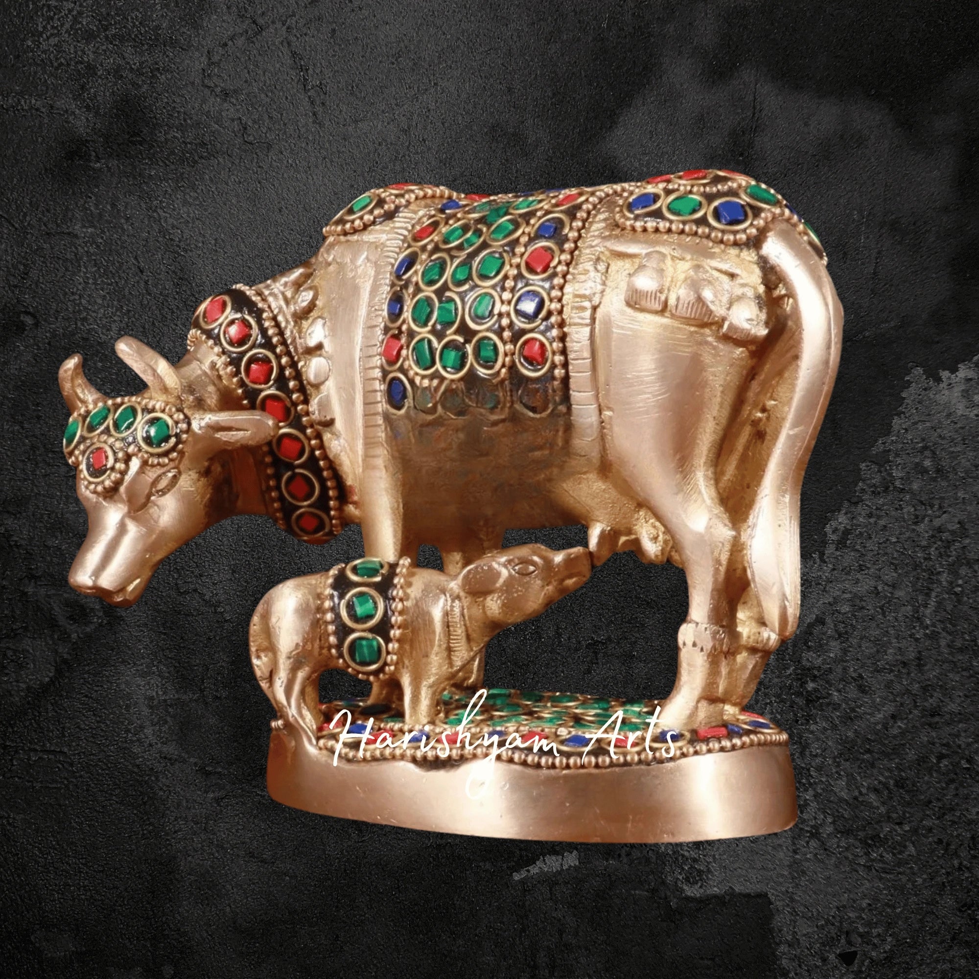 4" Decorative Kamdhenu Brass Cow with Calf and Stone Embellishment