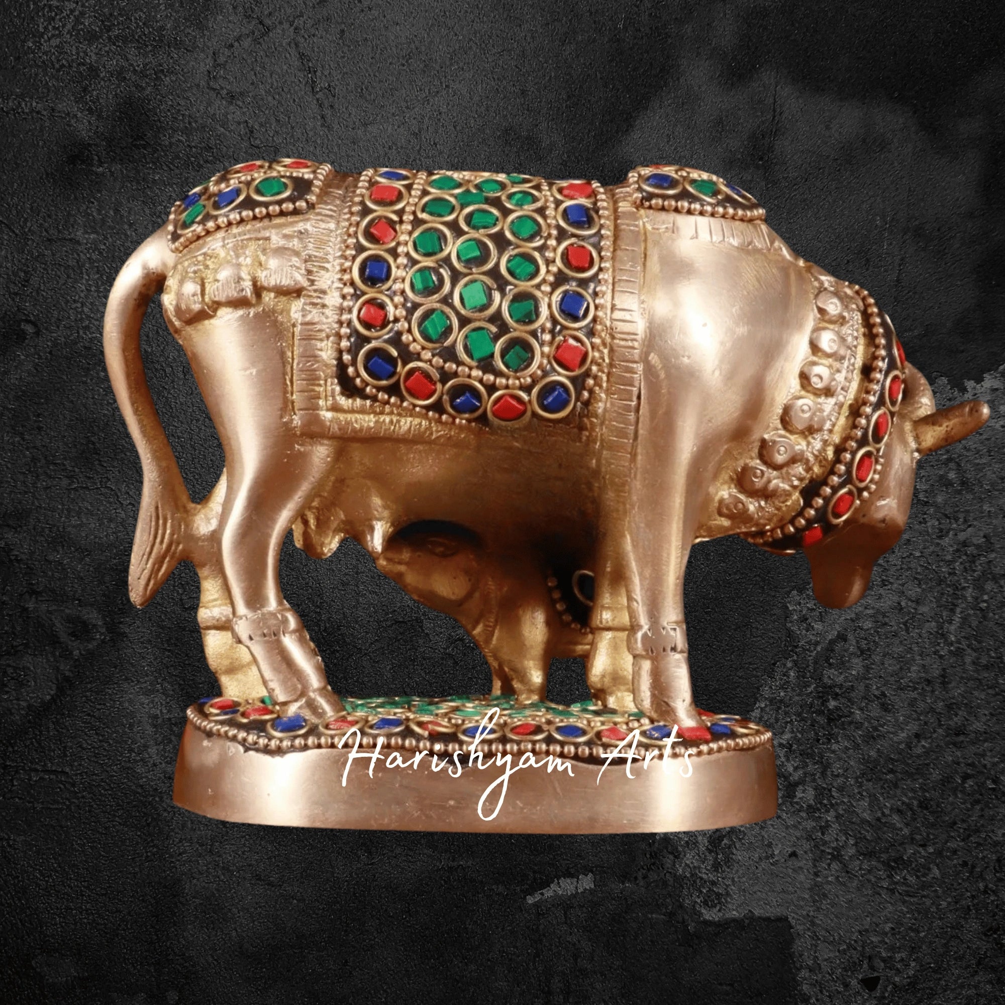 4" Decorative Kamdhenu Brass Cow with Calf and Stone Embellishment
