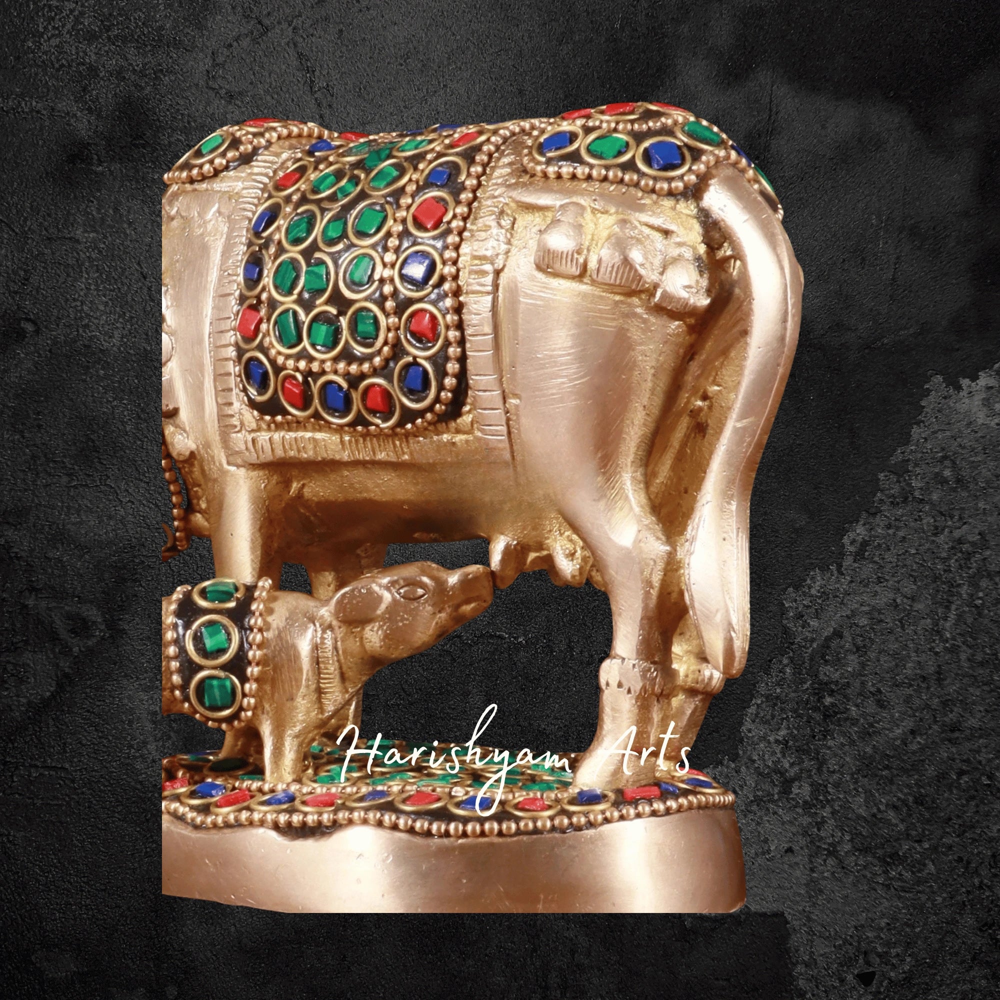 4" Decorative Kamdhenu Brass Cow with Calf and Stone Embellishment