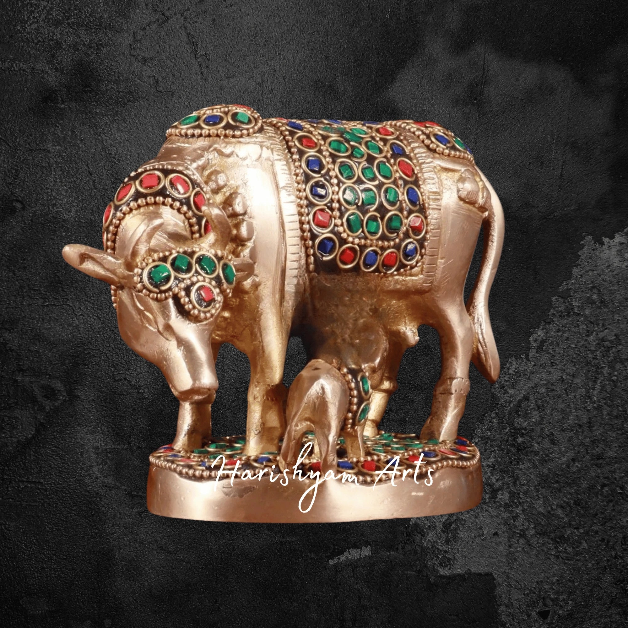 4" Decorative Kamdhenu Brass Cow with Calf and Stone Embellishment