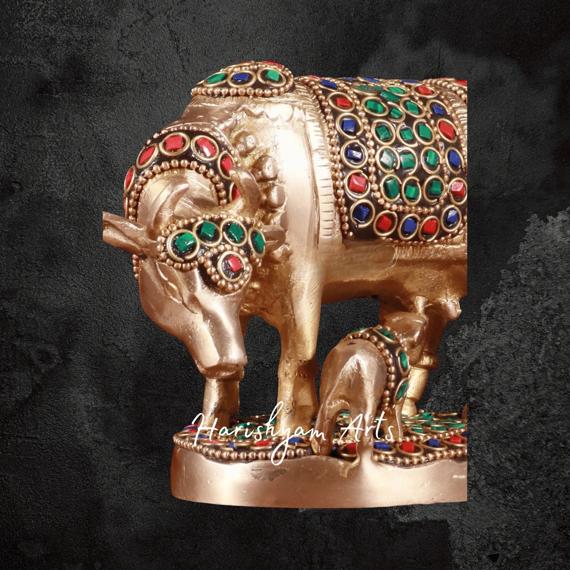 4" Decorative Kamdhenu Brass Cow with Calf and Stone Embellishment