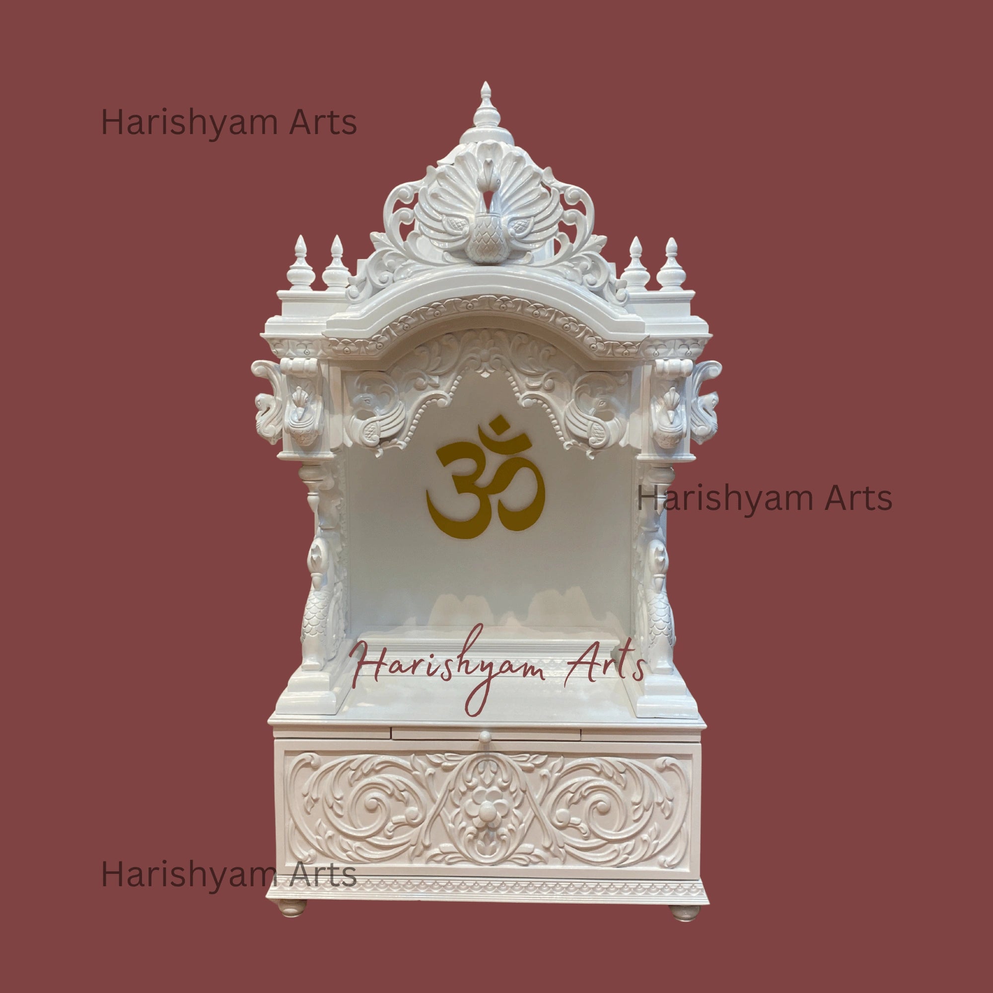 48" White Teak Wood Mandir with "Golden OM"