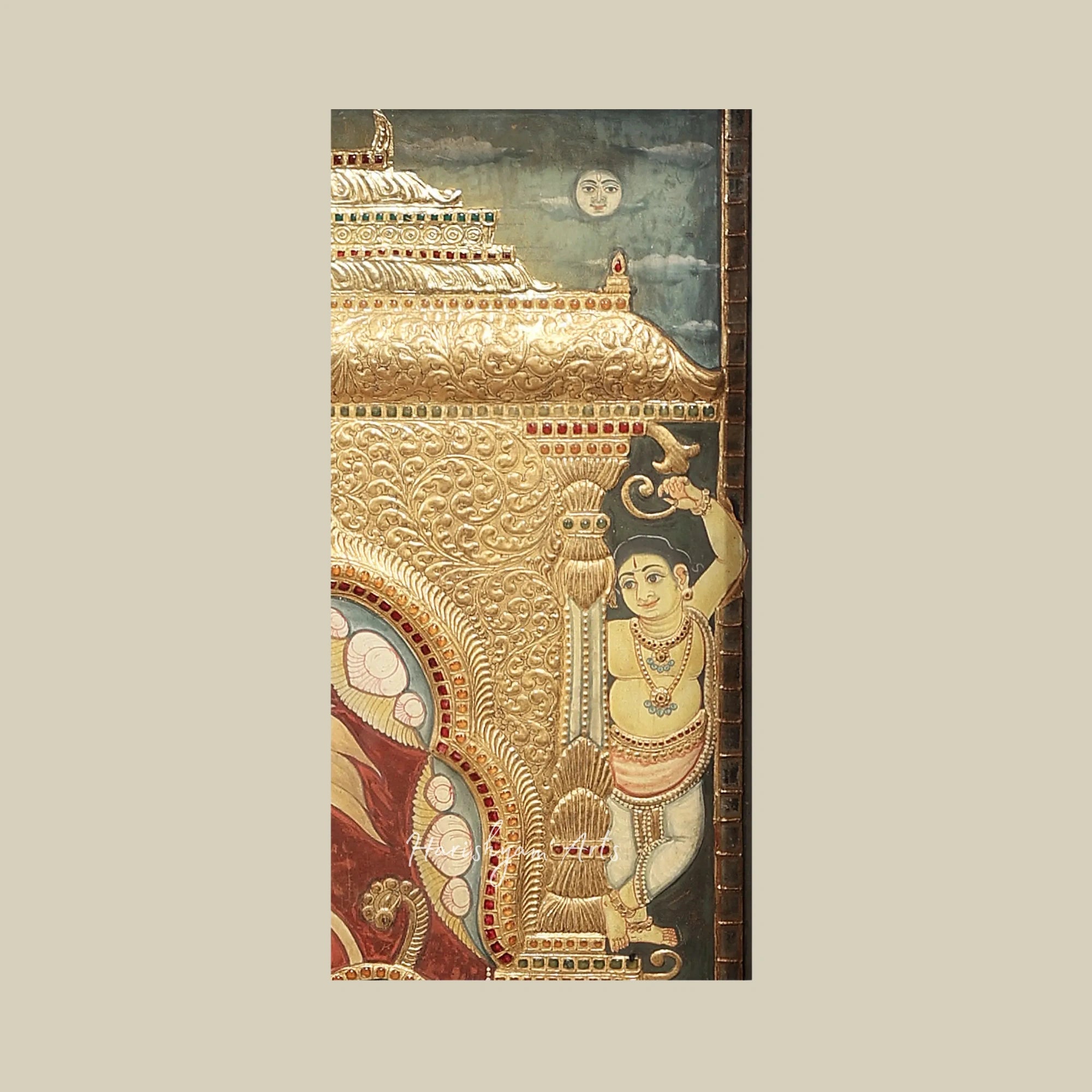 53" Large Durga Tanjore Painting with Teakwood Frame and Gold Detailing