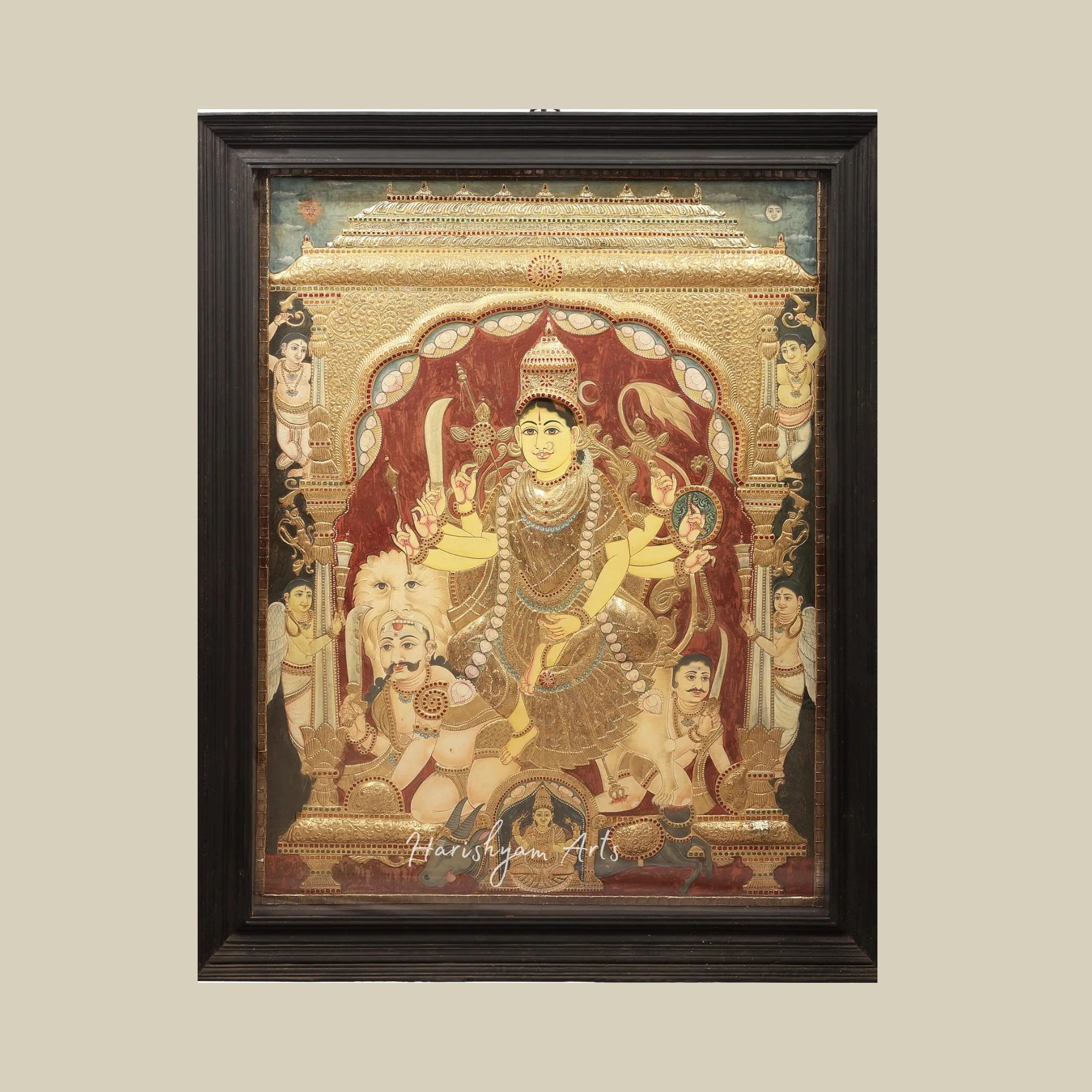 53" Large Durga Tanjore Painting with Teakwood Frame and Gold Detailing