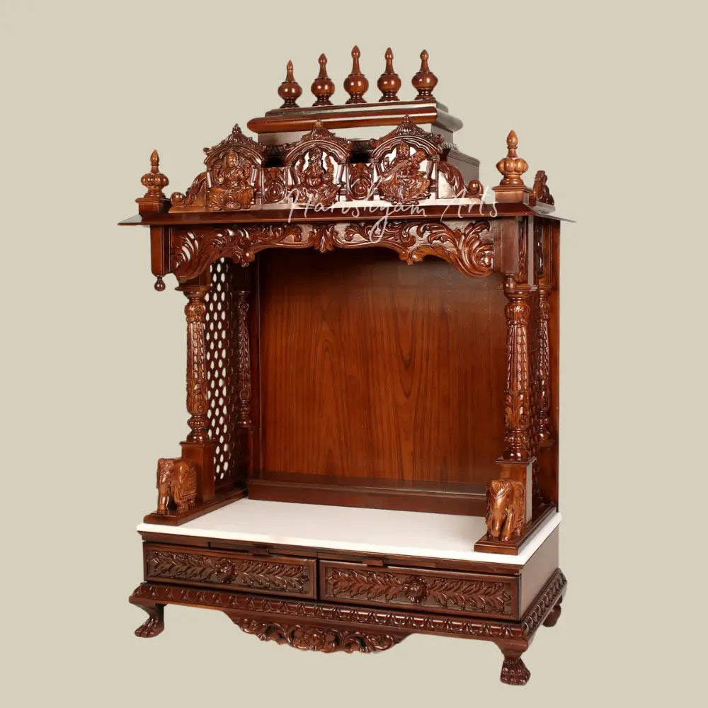54" Carved Lakshmi Ganesha Saraswati Puja Temple in Teak Wood