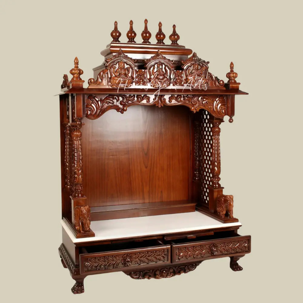54" Carved Lakshmi Ganesha Saraswati Puja Temple in Teak Wood