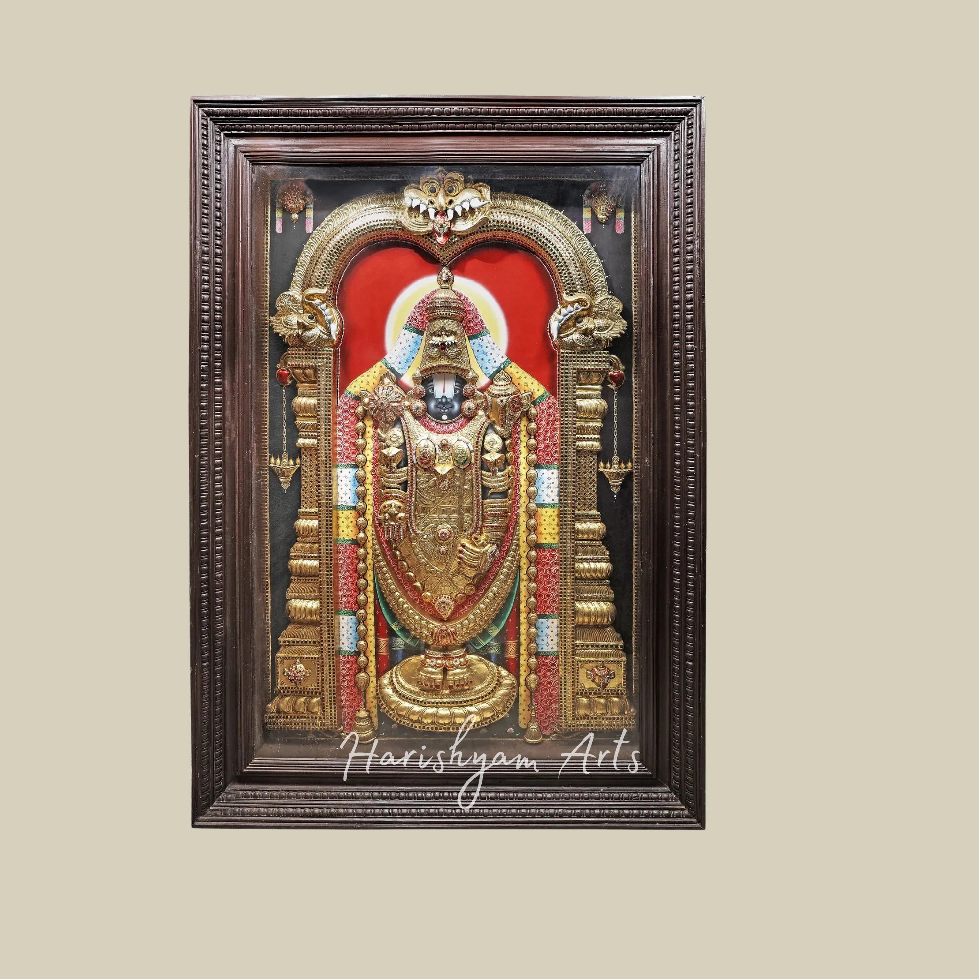 54" Exquisite Tanjore Art of Lord Venkateshvara as Balaji with Premium Teak Frame
