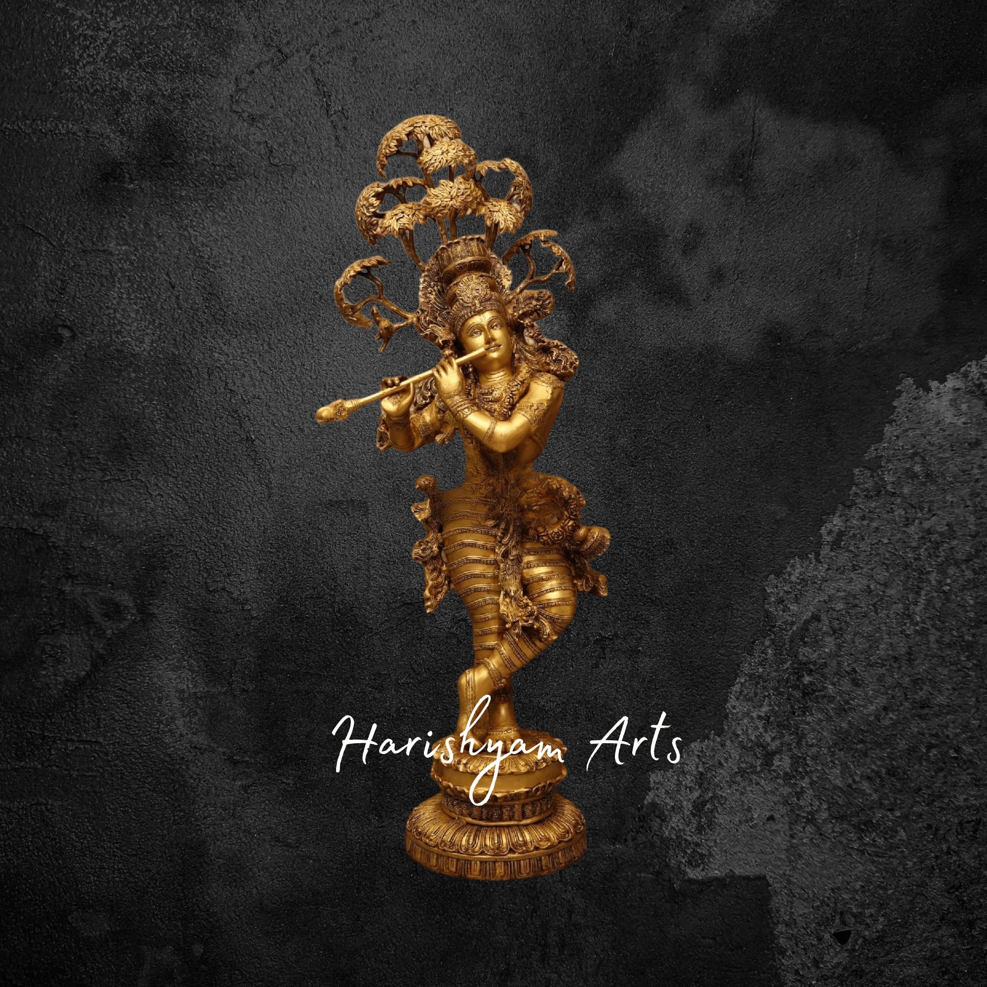 56" Brass Krishna Idol with Kadamb Tree Detailed Temple Statue