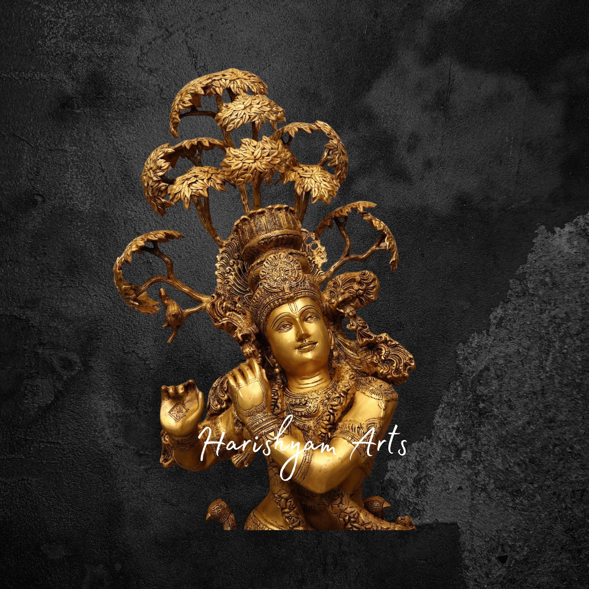 56" Brass Krishna Idol with Kadamb Tree Detailed Temple Statue