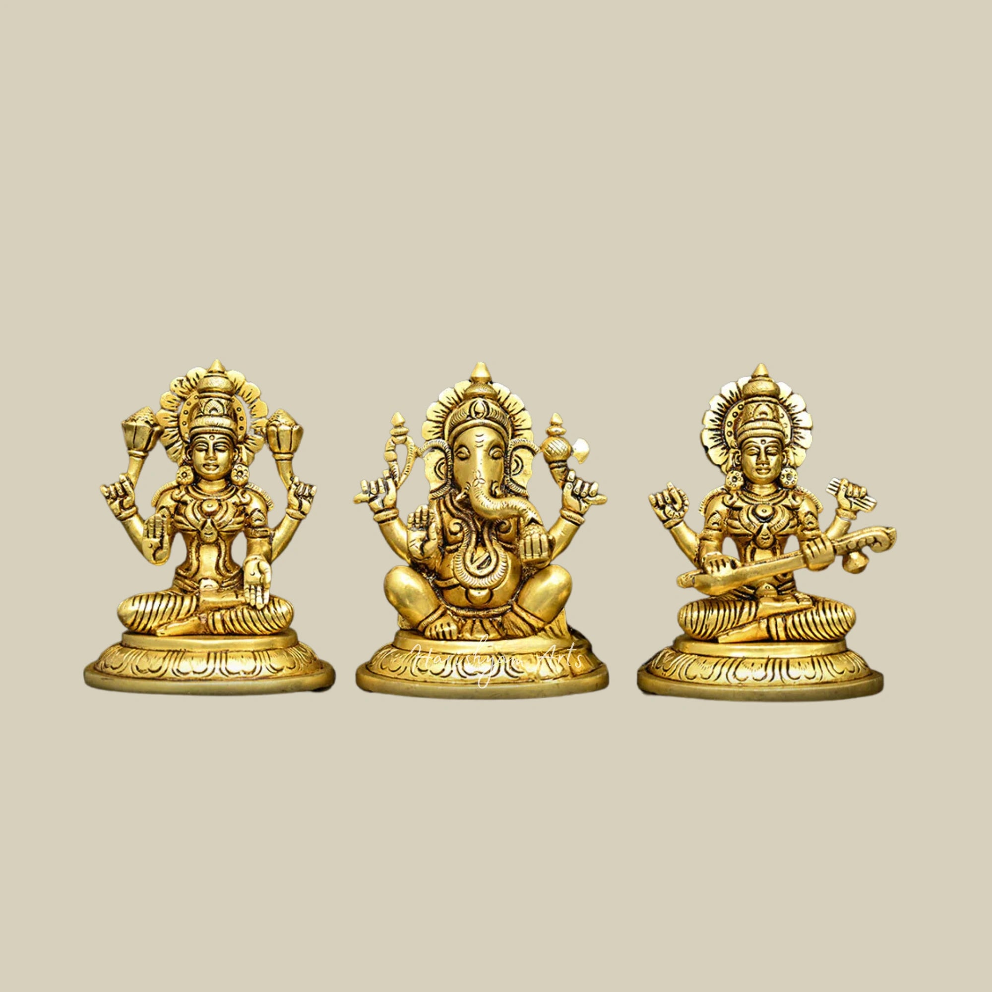 5" Exquisite Brass Statues of Ganesha, Lakshmi & Saraswati for Pooja Rooms