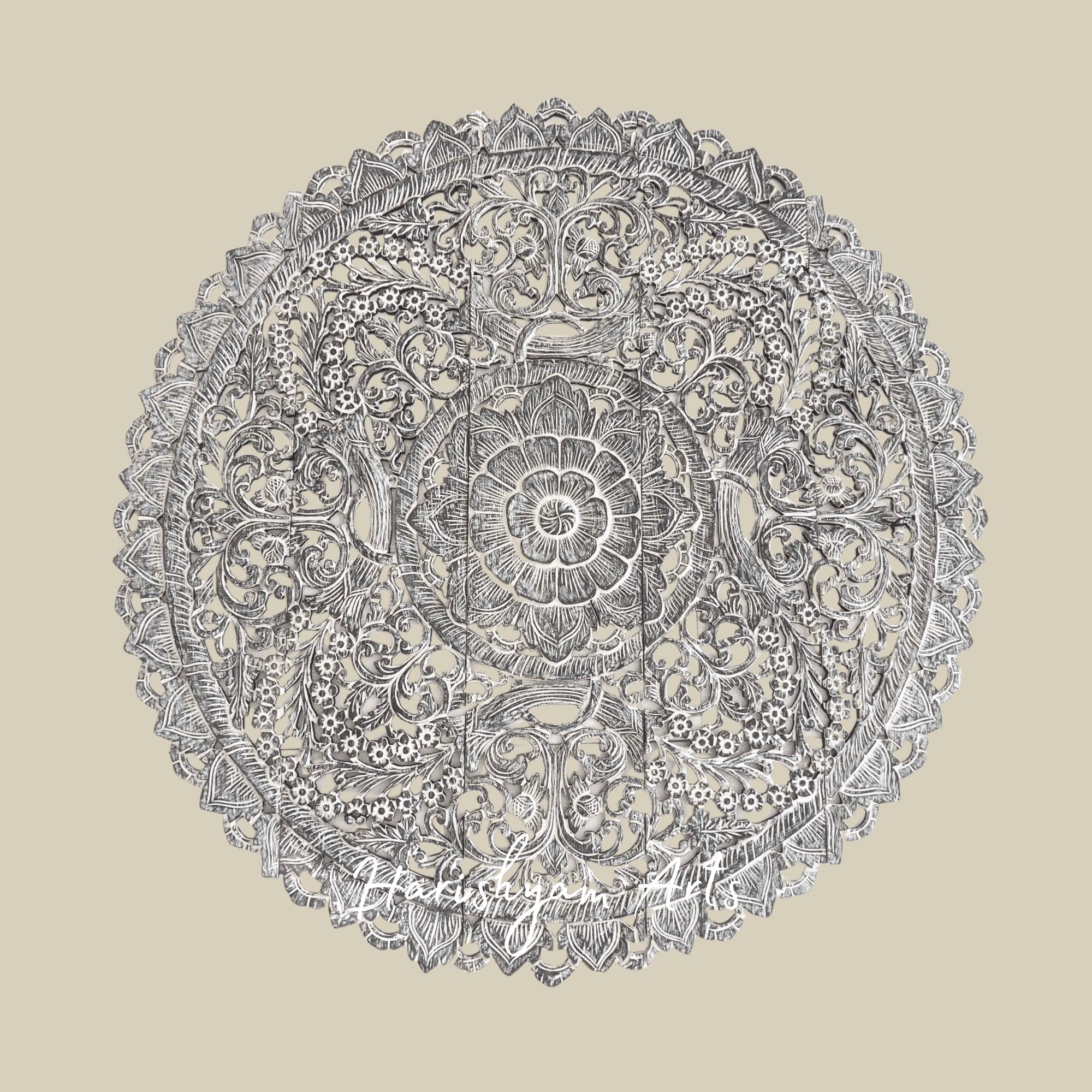 60" Buddhist Flower Mandala Wall Art Circular Carved Wood Panel