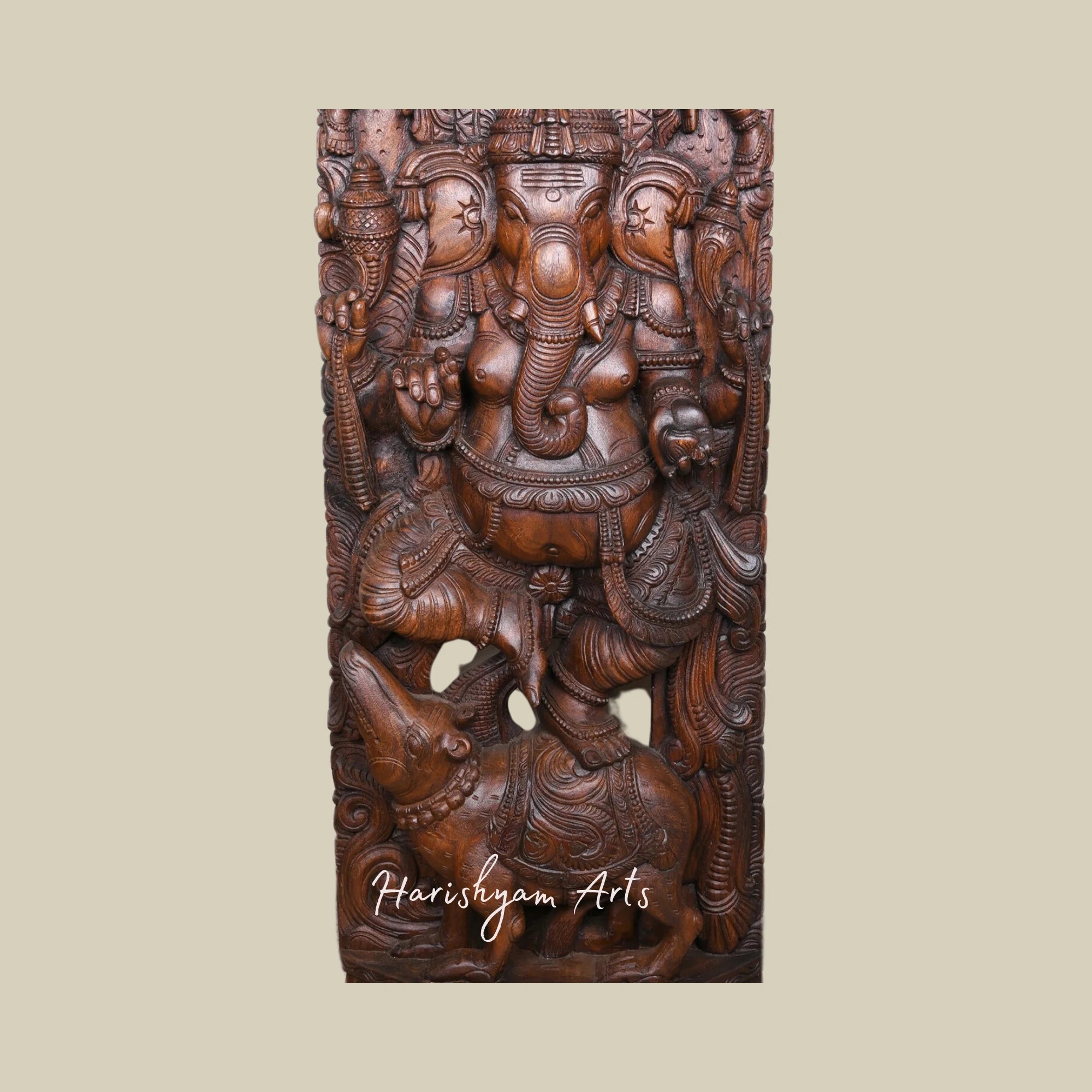 60" Dancing Ganesha on Mooshak with Two Angel Figures Wax Brown Finish Wall Mount for Entryway Decor1