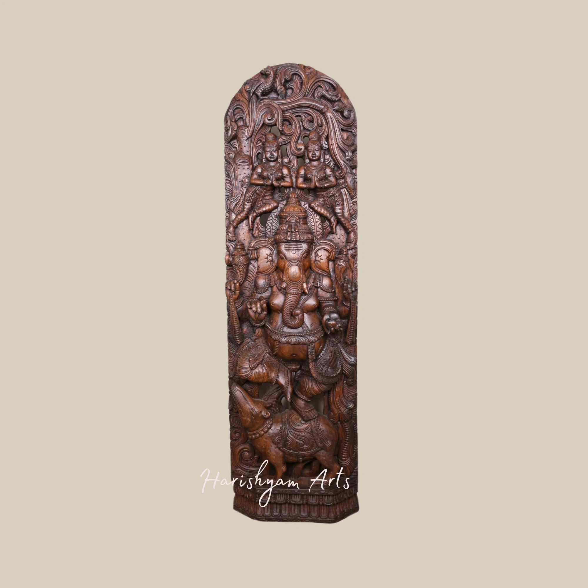 60" Dancing Ganesha on Mooshak with Two Angel Figures Wax Brown Finish Wall Mount for Entryway Decor2