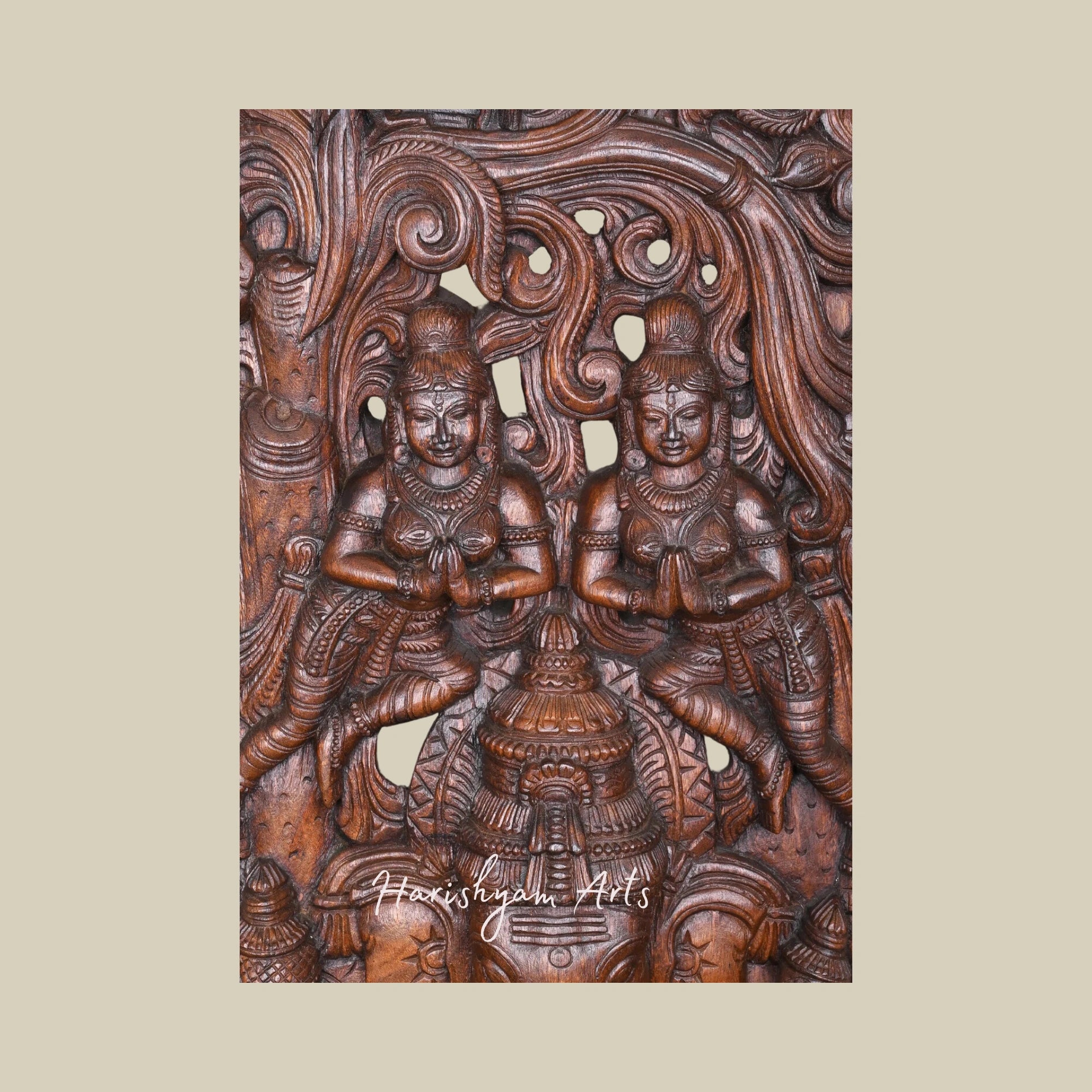 60" Dancing Ganesha on Mooshak with Two Angel Figures Wax Brown Finish Wall Mount for Entryway Decor4
