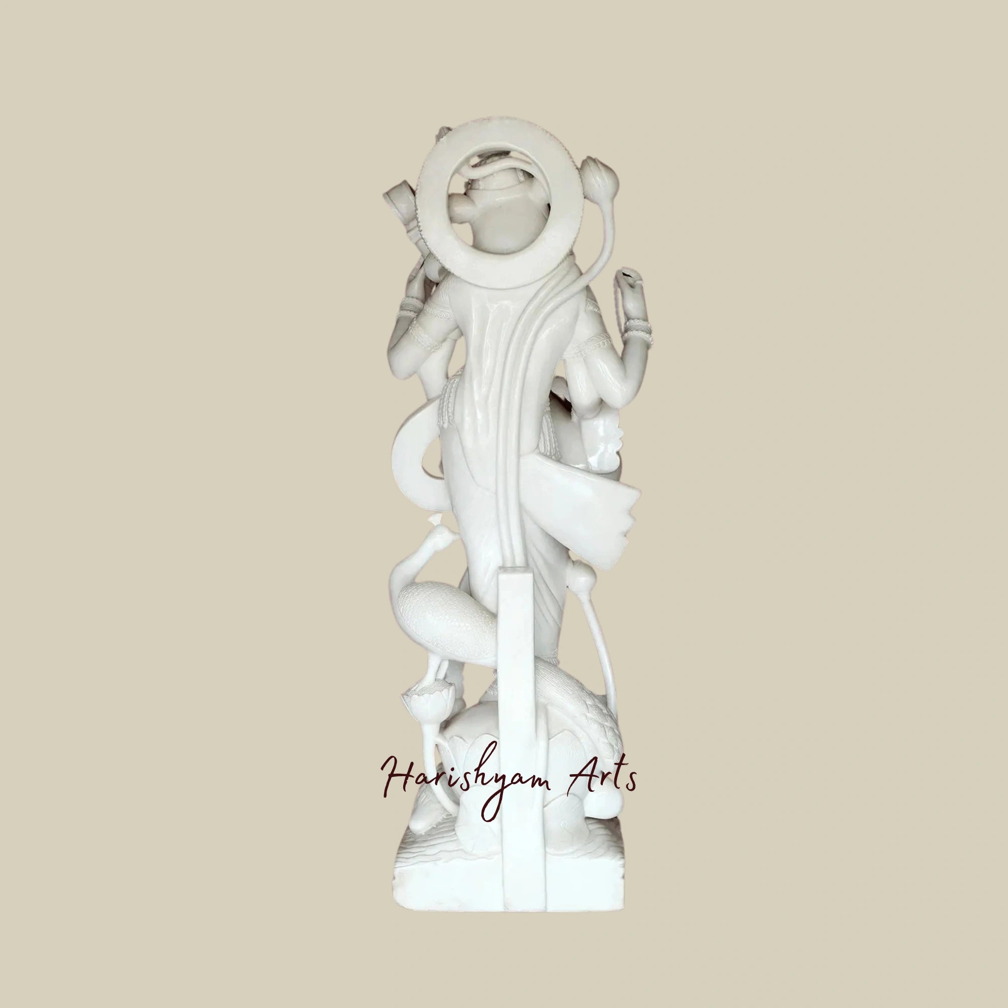 60" Large Saraswati Idol Seated on Lotus Makrana Marble Masterpiece
