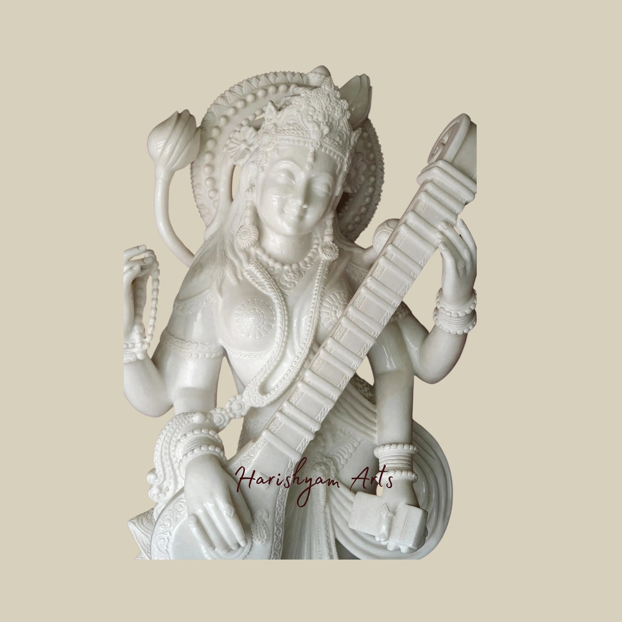 60" Large Saraswati Idol Seated on Lotus Makrana Marble Masterpiece2